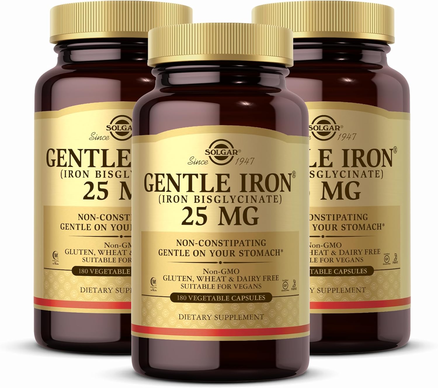 Solgar Gentle Iron Bisglycinate 25 mg Capsules - 3 Pack, 180 Vegetable Capsules Each - Non-Constipating, Gentle on Stomach - Non-GMO, Gluten Free - 540 Servings