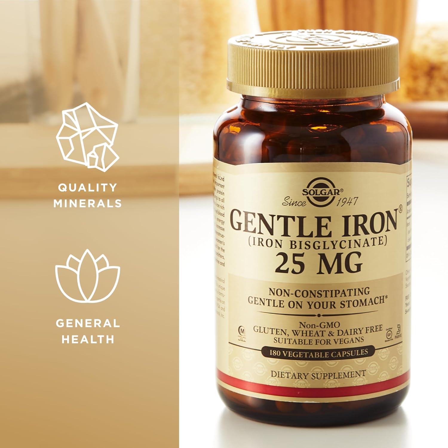 Solgar Gentle Iron Bisglycinate 25 mg Capsules - 3 Pack, 180 Vegetable Capsules Each - Non-Constipating, Gentle on Stomach - Non-GMO, Gluten Free - 540 Servings