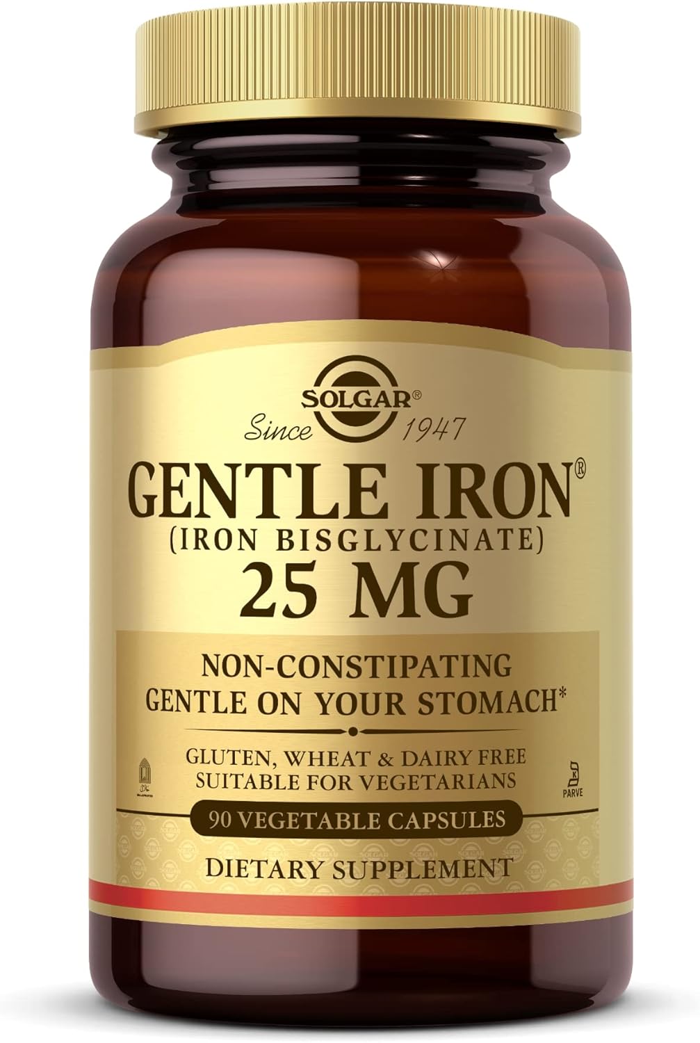 Solgar Gentle Iron Bisglycinate Capsules - 25 mg, 90 Vegetable Capsules, Non-Constipating, Gluten Free, 90 Servings