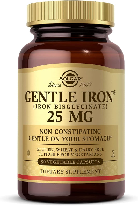 Solgar Gentle Iron Bisglycinate Capsules - 25 mg, 90 Vegetable Capsules, Non-Constipating, Gluten Free, 90 Servings