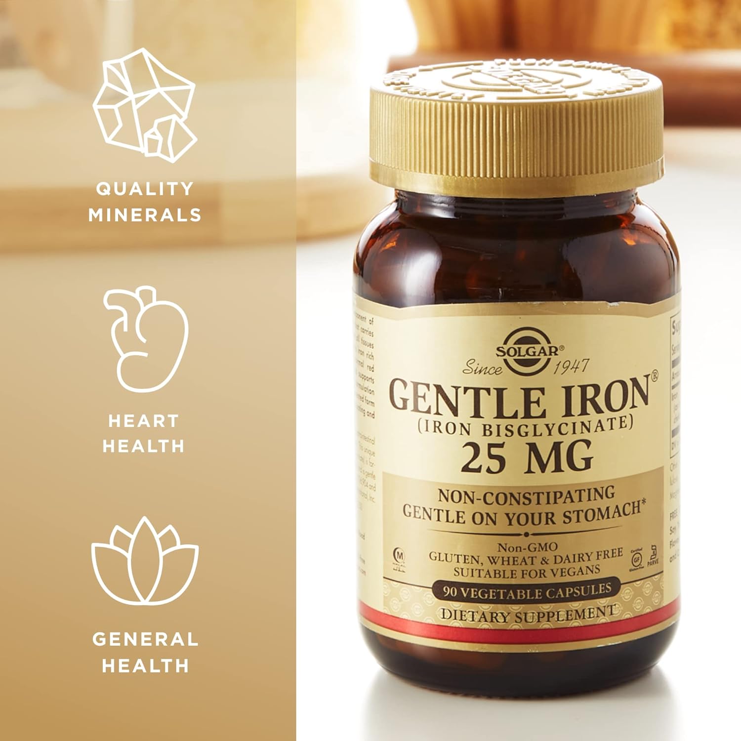Solgar Gentle Iron Bisglycinate Capsules - 25 mg, 90 Vegetable Capsules, Non-Constipating, Gluten Free, 90 Servings