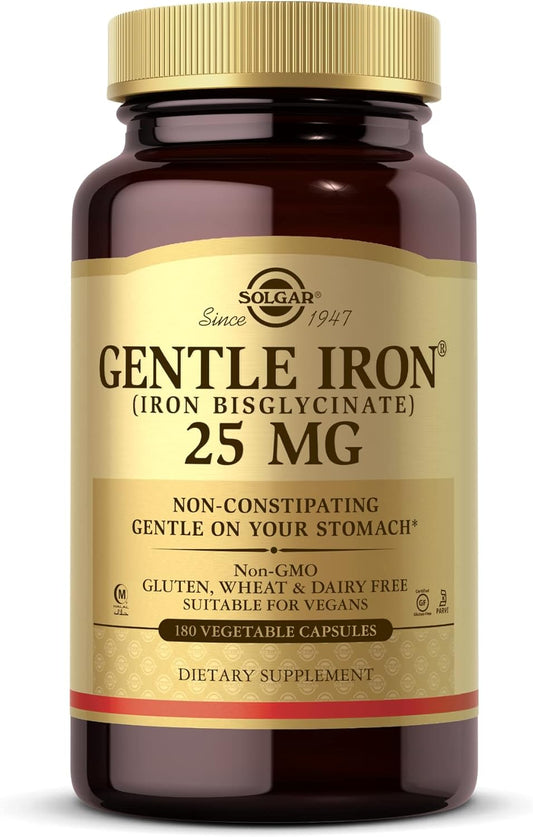 Solgar Gentle Iron Bisglycinate Capsules - 25mg, 180 Vegetarian Capsules, Non-Constipating & Gentle on Stomach, Non-GMO & Gluten Free - 180 Servings