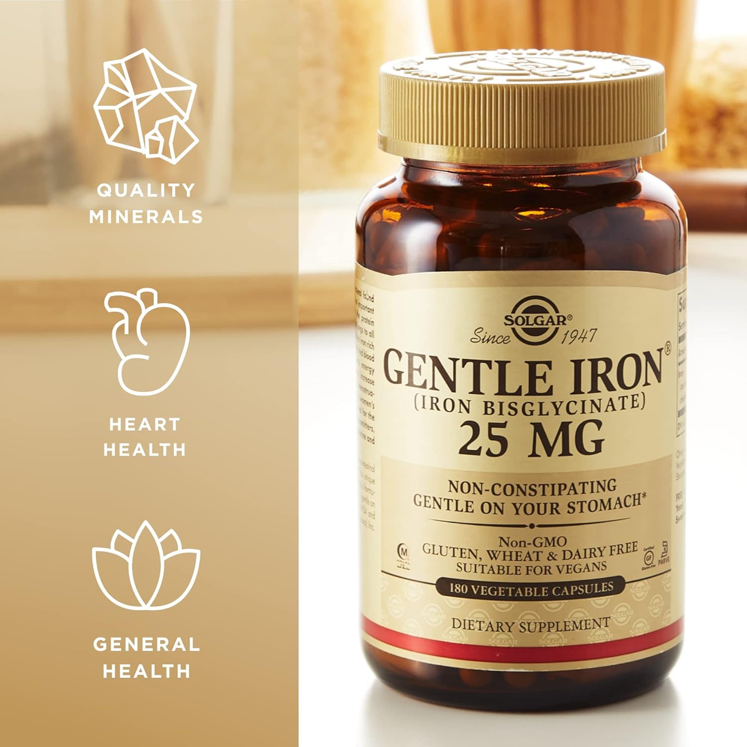 Solgar Gentle Iron Bisglycinate Capsules - 25mg, 180 Vegetarian Capsules, Non-Constipating & Gentle on Stomach, Non-GMO & Gluten Free - 180 Servings