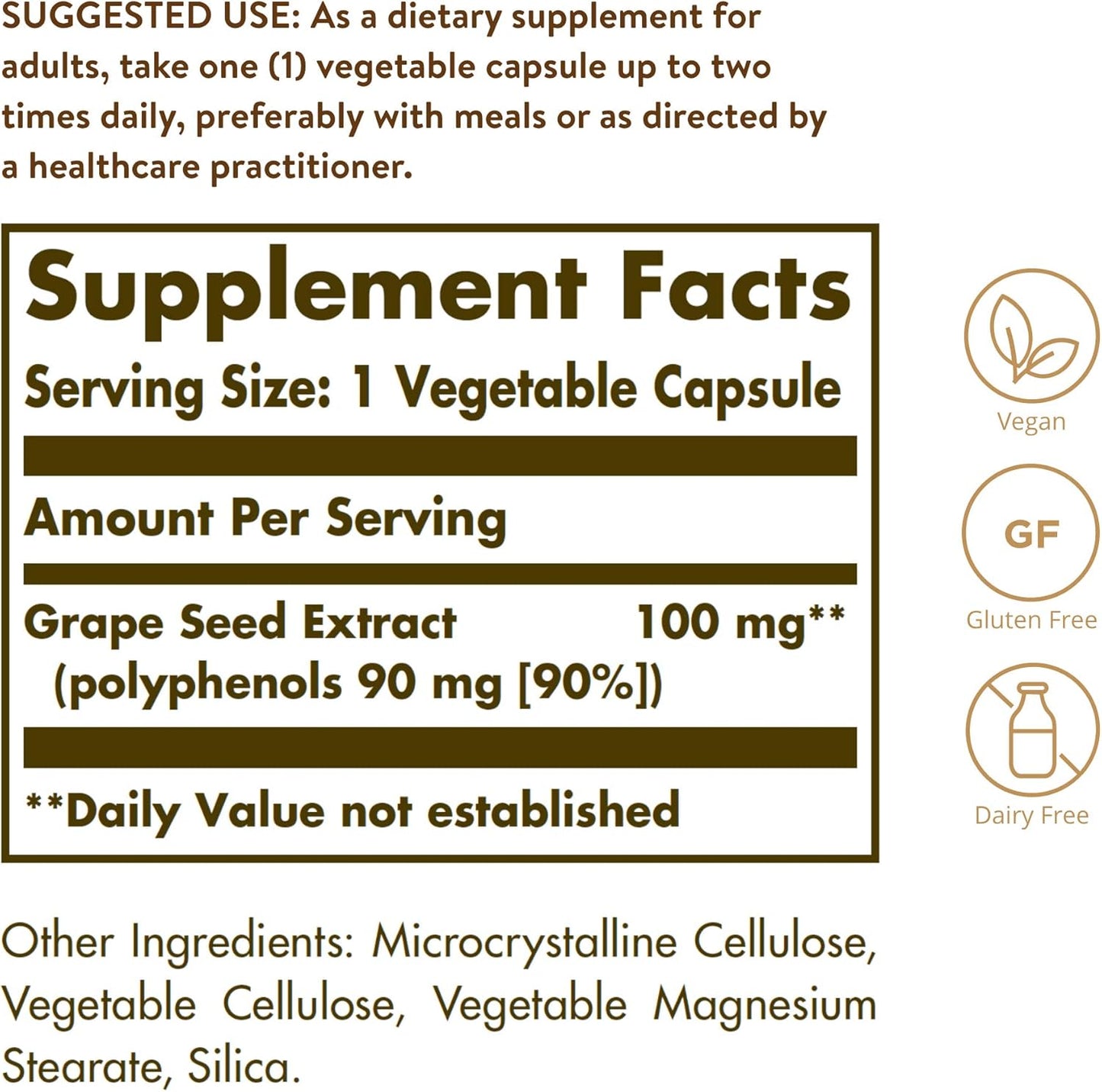 Solgar Grape Seed Extract 100mg Capsules - Antioxidant & Cardio Support - Vegan, Gluten Free - 60 Servings