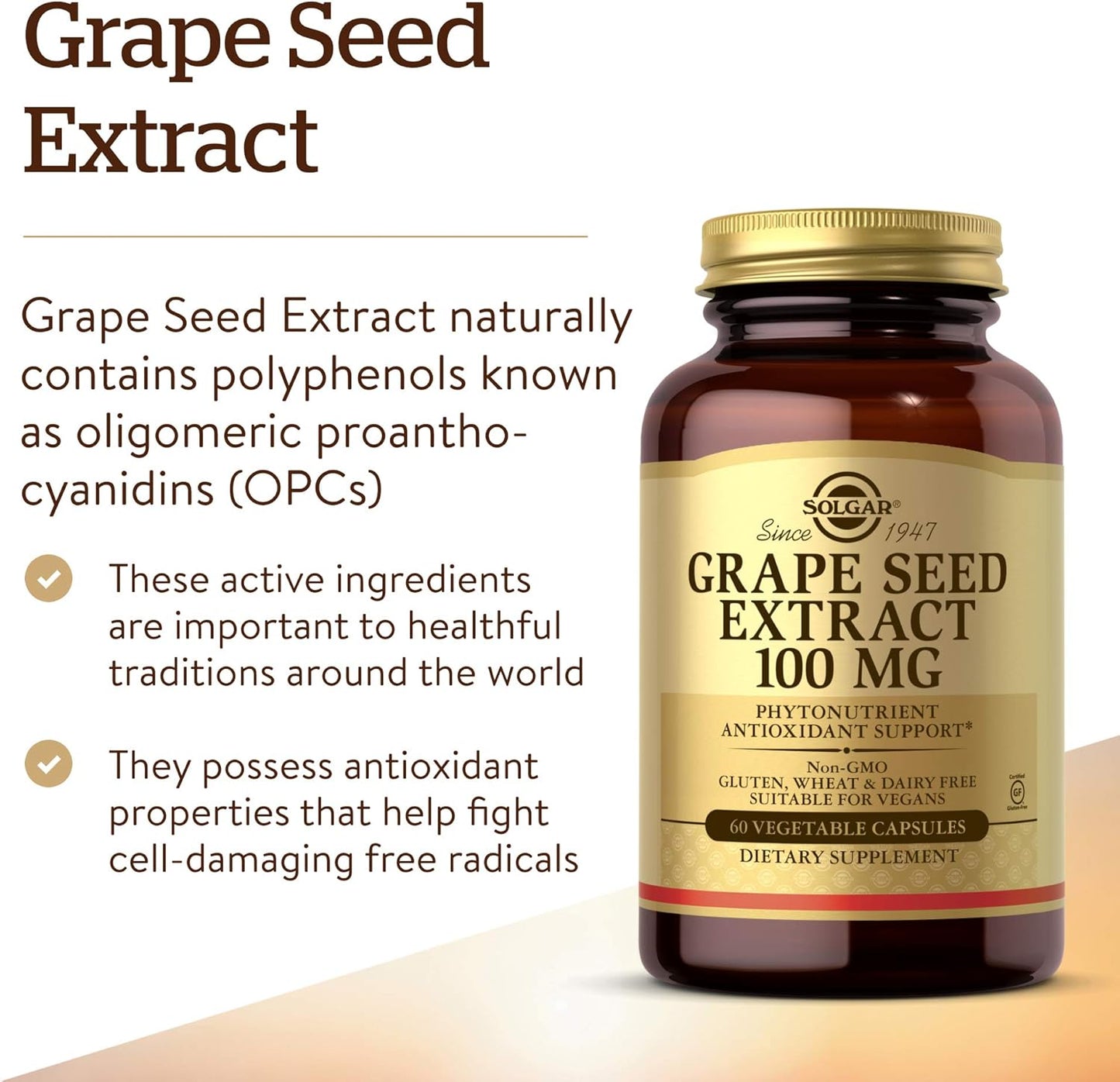 Solgar Grape Seed Extract 100mg Capsules - Antioxidant & Cardio Support - Vegan, Gluten Free - 60 Servings
