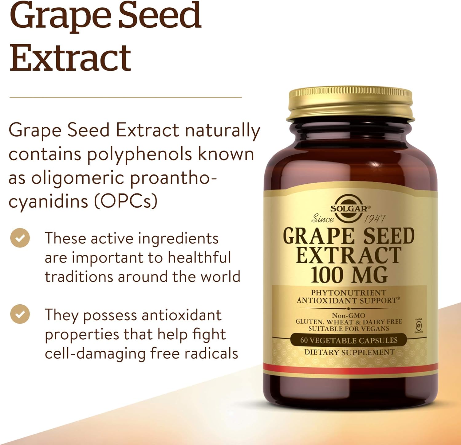 Solgar Grape Seed Extract 100mg Capsules - Antioxidant & Cardio Support - Vegan, Gluten Free - 60 Servings