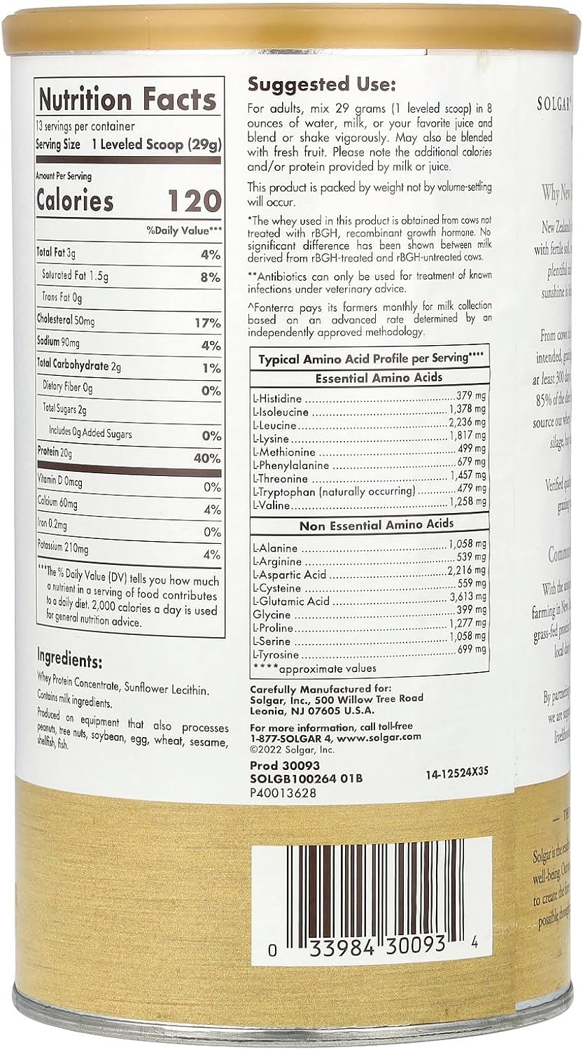 Solgar Grass Fed Whey Protein Powder 11.2oz - Unflavored - 20g Protein from New Zealand Cows - Supports Strength & Recovery - Non-GMO - 13 Servings