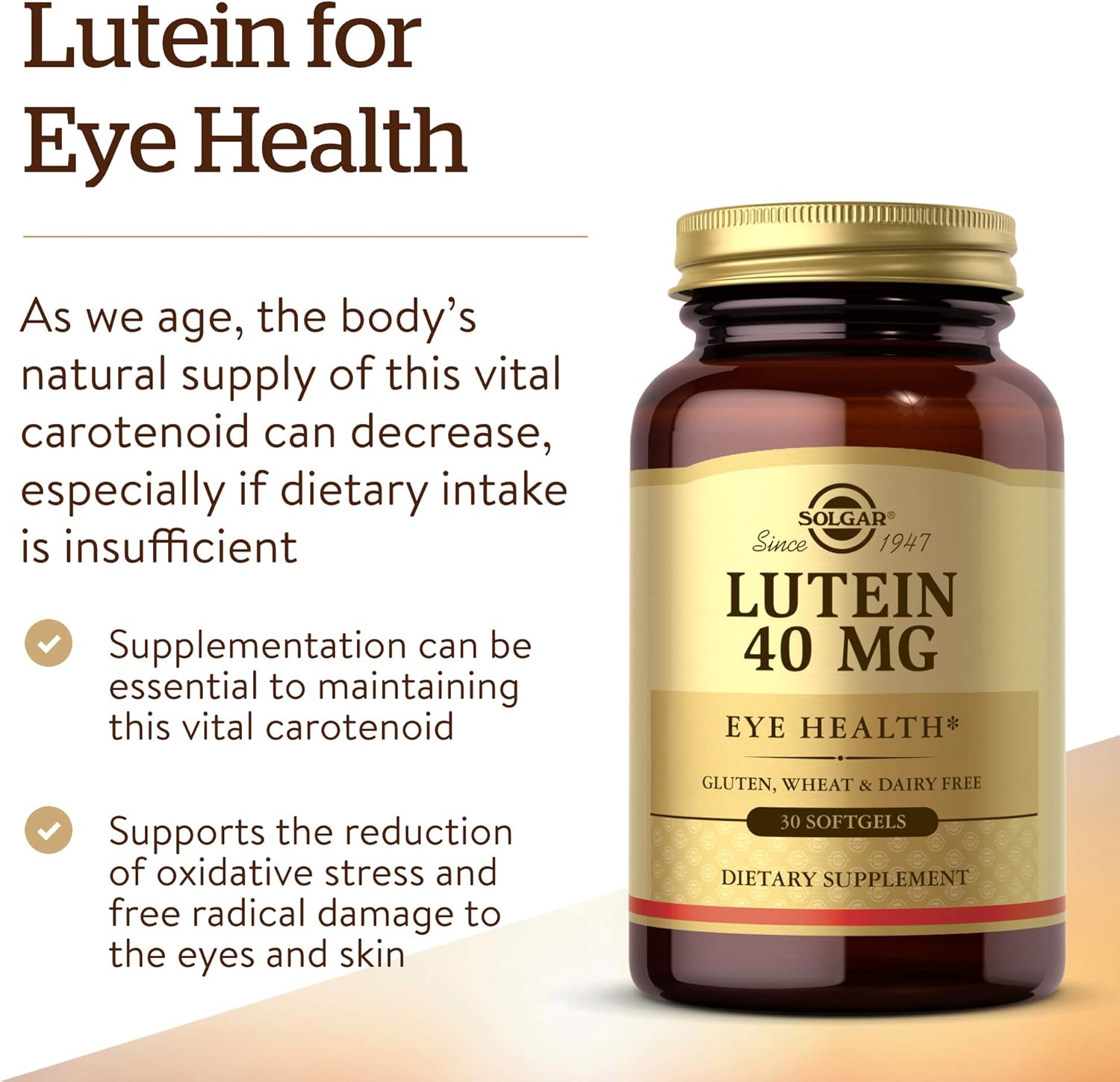 Solgar Lutein Softgels 40mg - Promotes Eye Health, Blue-Light Protection - FloraGLO Lutein, Gluten & Dairy Free - 30 Servings