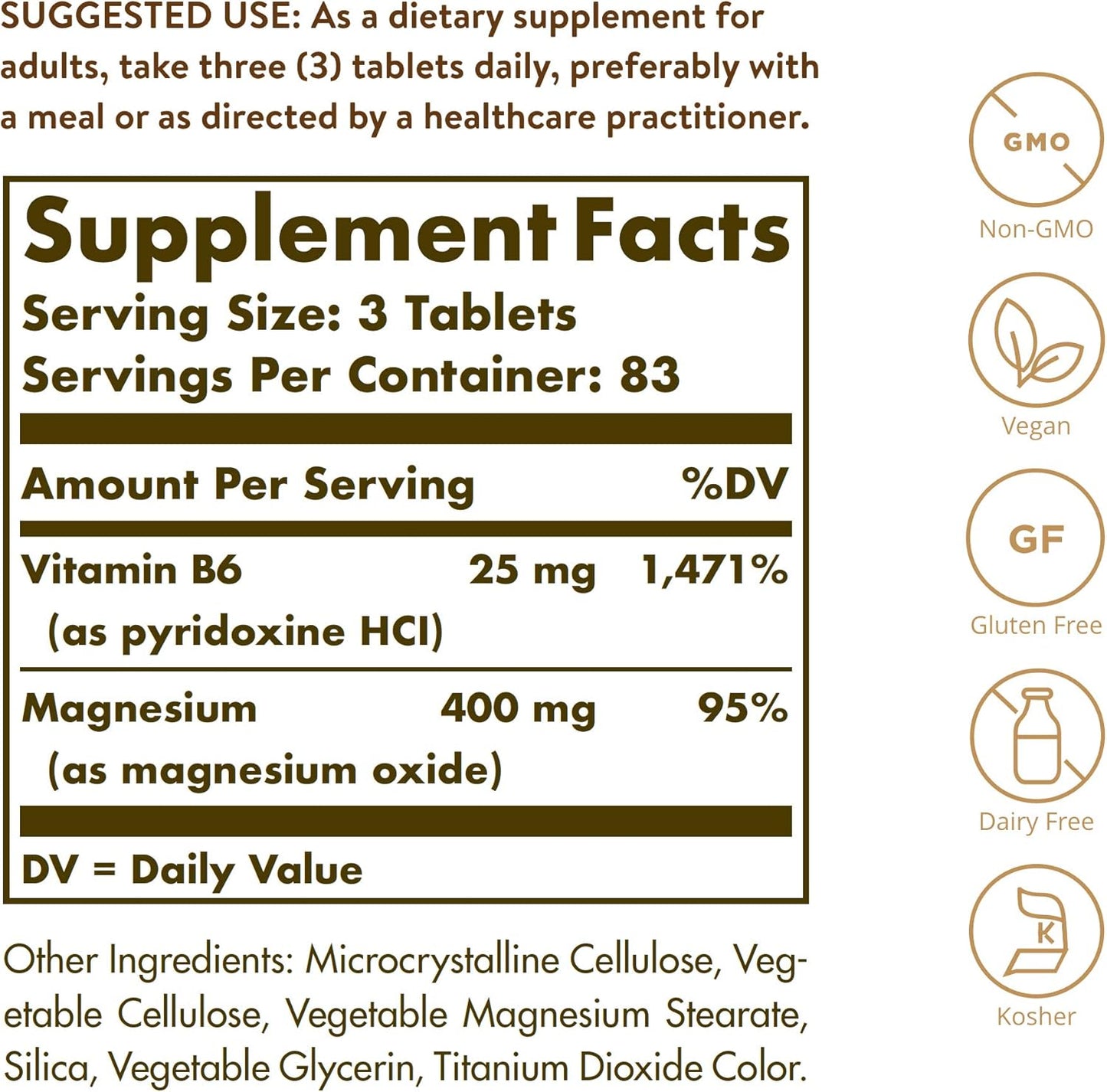 Solgar Magnesium with Vitamin B6 Tablets - Supports Bone Health, Nerve & Muscle Function, Energy Metabolism - Non-GMO, Vegan, Gluten Free, Dairy Free - 83 Servings