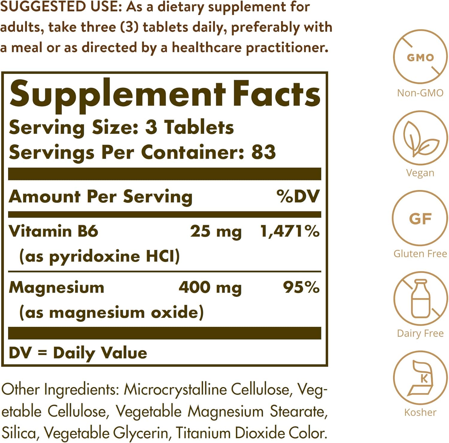 Solgar Magnesium with Vitamin B6 Tablets - Supports Bone Health, Nerve & Muscle Function, Energy Metabolism - Non-GMO, Vegan, Gluten Free, Dairy Free - 83 Servings