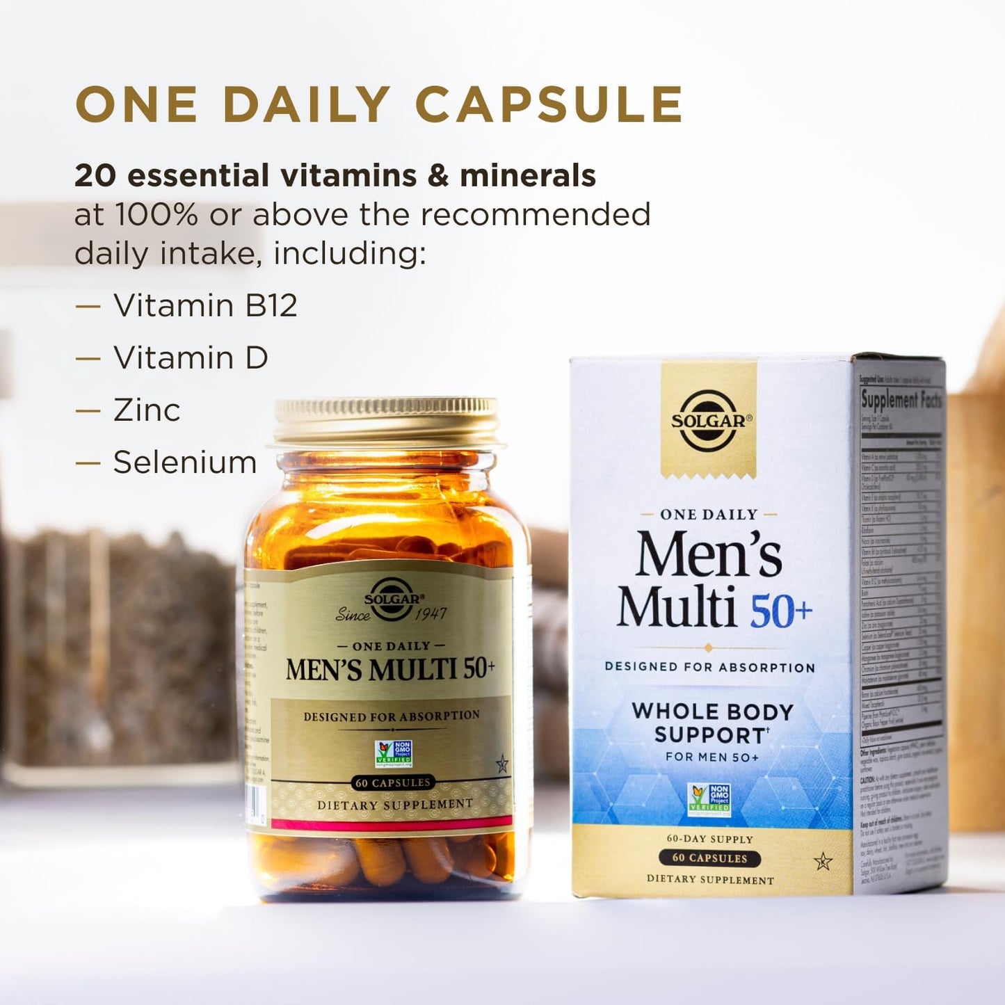 Solgar Men's 50+ Whole Body Support Daily Multivitamin - 60 Vegan Capsules, Heart, Energy, Stress, Muscle, Bone, Prostate Support