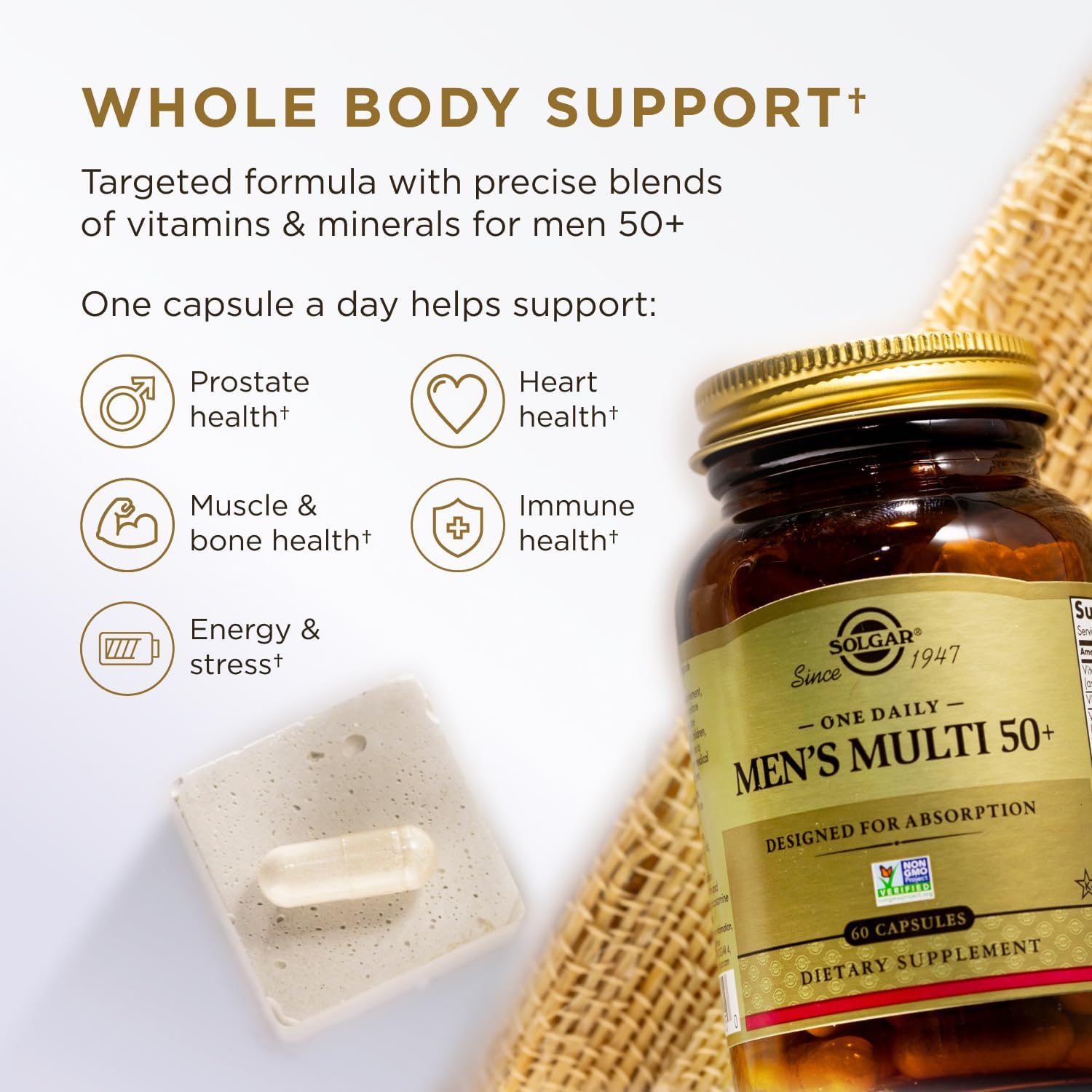 Solgar Men's 50+ Whole Body Support Daily Multivitamin - 60 Vegan Capsules, Heart, Energy, Stress, Muscle, Bone, Prostate Support