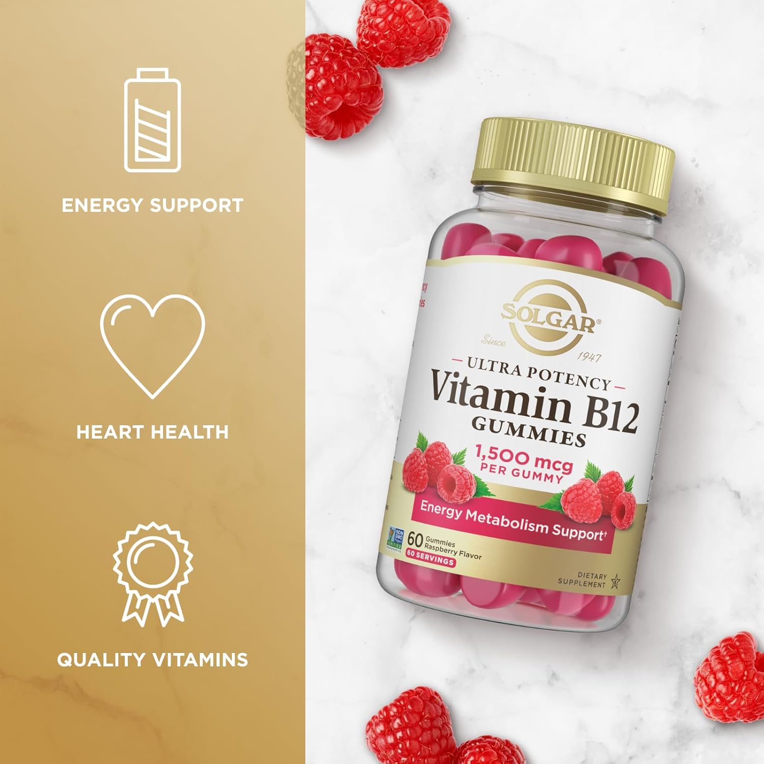 Solgar Methyl B12 Gummies 1,500mcg for Energy & Metabolism, Raspberry Flavor, Vegan & Gluten-Free, 60 Servings