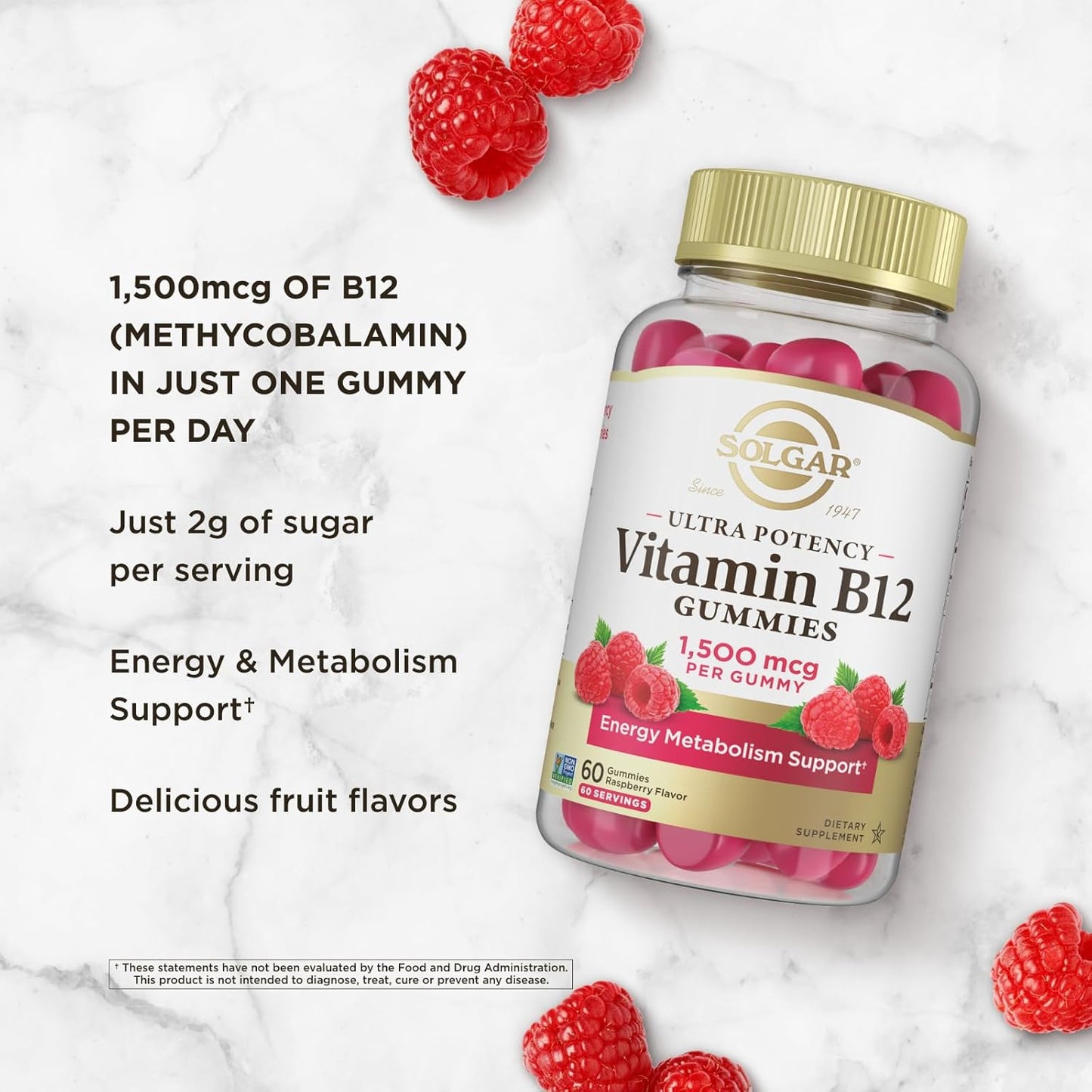 Solgar Methyl B12 Gummies 1,500mcg for Energy & Metabolism, Raspberry Flavor, Vegan & Gluten-Free, 60 Servings
