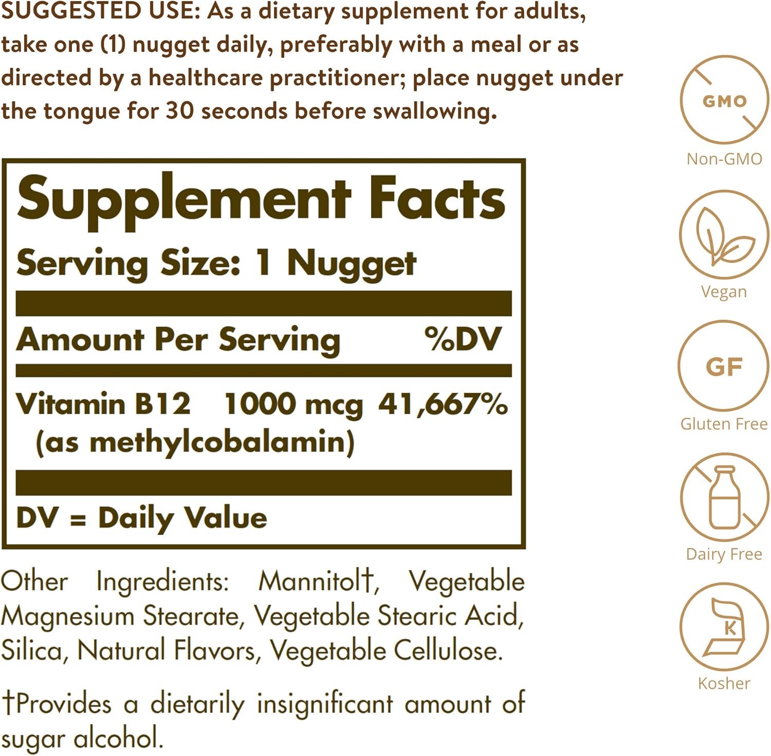 Solgar Methylcobalamin 1000 mcg Nuggets - Energy Metabolism Support - Body-Ready Vitamin B12 - Non GMO, Vegan, Gluten & Dairy Free - 60 Servings