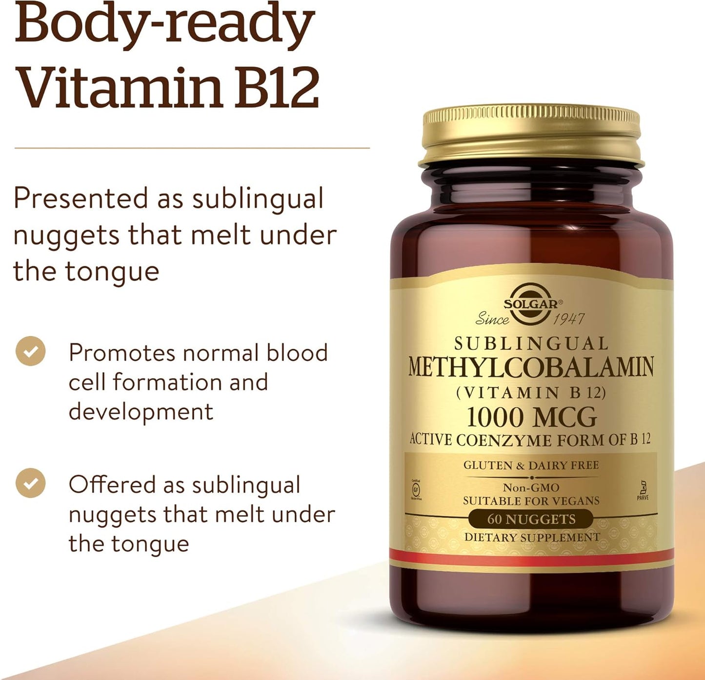 Solgar Methylcobalamin 1000 mcg Nuggets - Energy Metabolism Support - Body-Ready Vitamin B12 - Non GMO, Vegan, Gluten & Dairy Free - 60 Servings