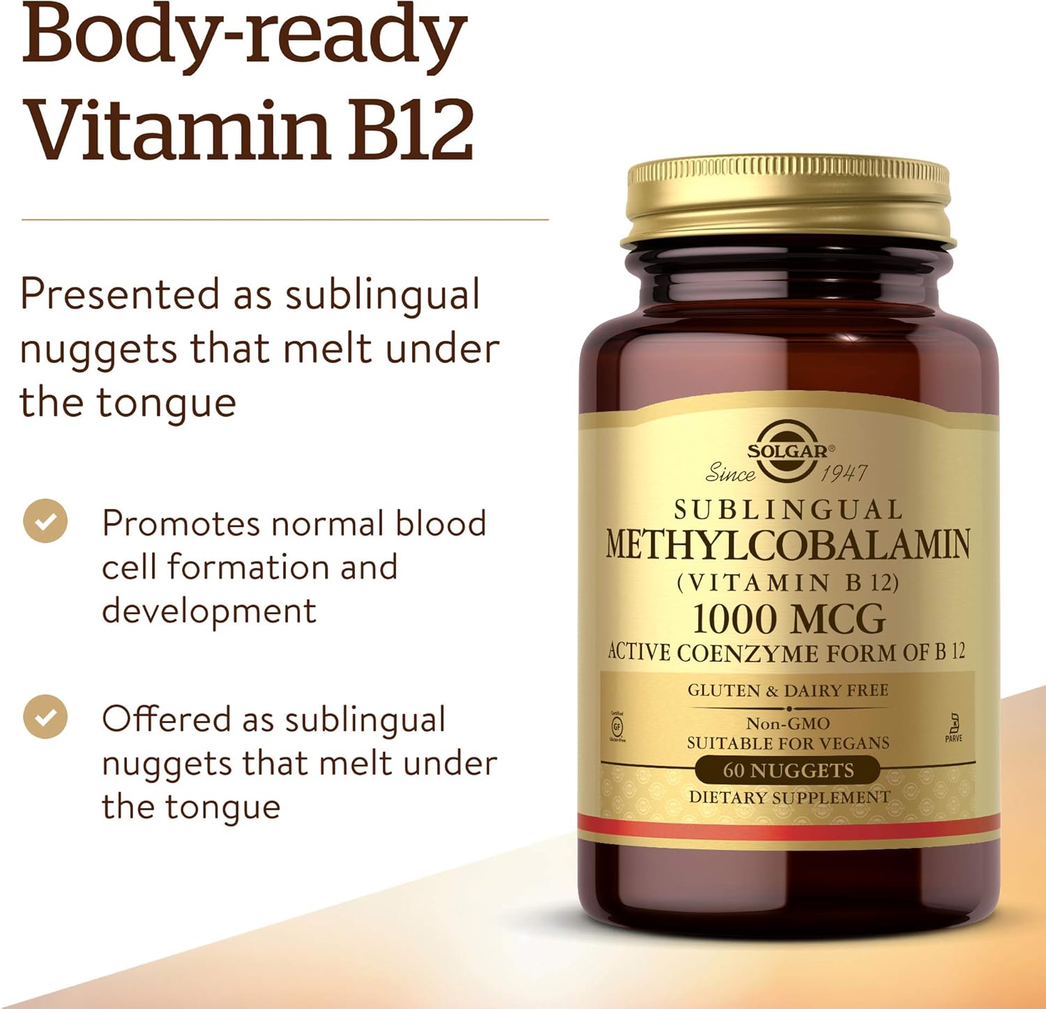 Solgar Methylcobalamin 1000 mcg Nuggets - Energy Metabolism Support - Body-Ready Vitamin B12 - Non GMO, Vegan, Gluten & Dairy Free - 60 Servings