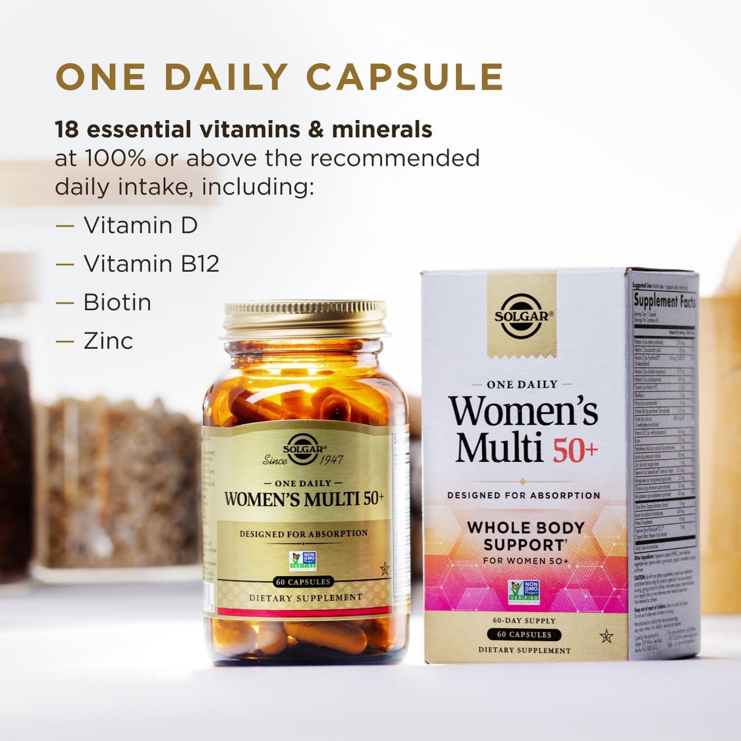 Solgar One Daily Women's Multi 50+ - Support Heart, Bone, Breast Health - Energy, Stress Relief - Hair, Skin & Nails - 60 Vegan Capsules