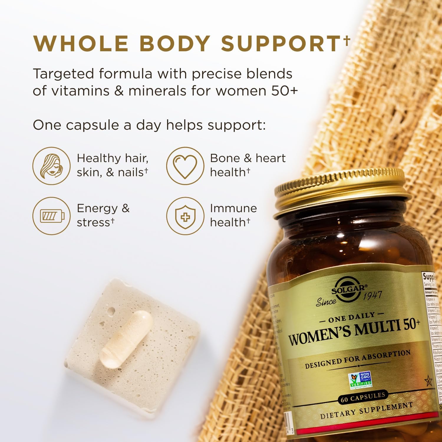Solgar One Daily Women's Multi 50+ - Support Heart, Bone, Breast Health - Energy, Stress Relief - Hair, Skin & Nails - 60 Vegan Capsules