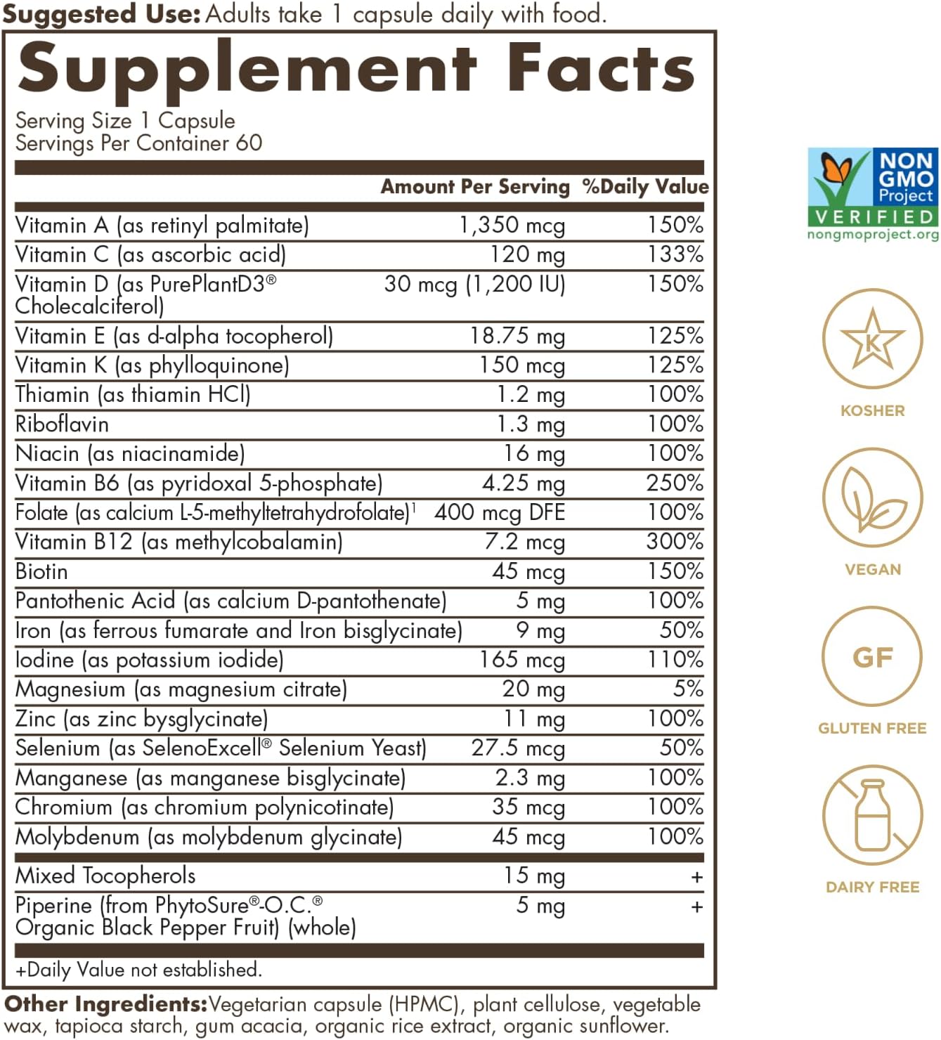 Solgar One Daily Women's Multi: Whole Body Support Vitamin for Immune, Heart, Energy, Hair Skin Nails & Reproductive Health, 60 Servings