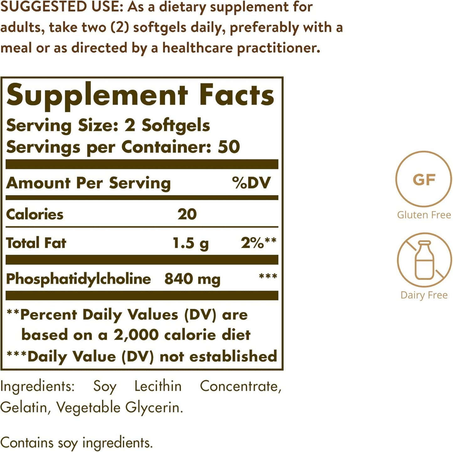 Solgar Phosphatidylcholine Softgels - Supports Cognitive Health with Choline - Gluten & Dairy Free - 100 Softgels