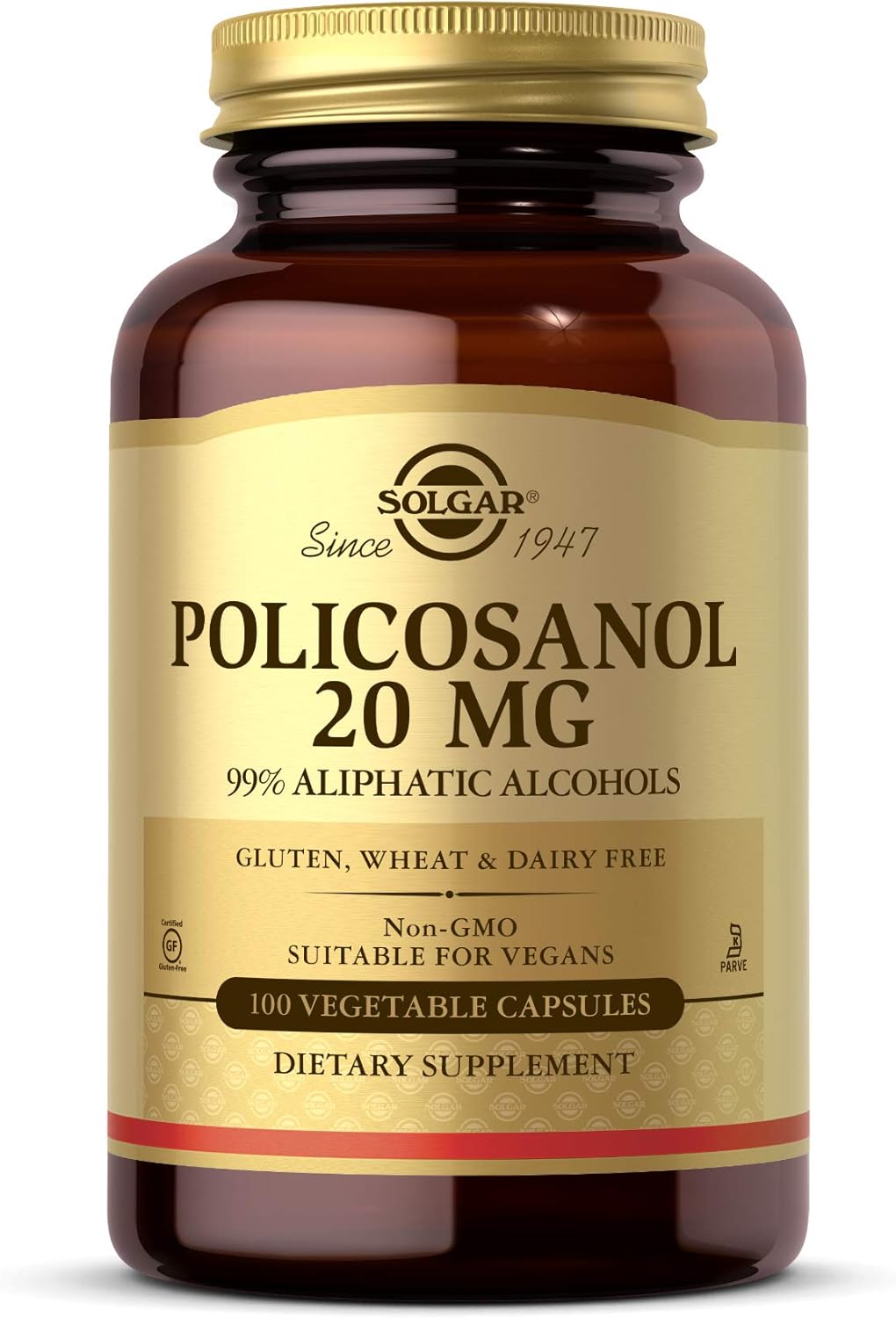 Solgar Policosanol 20 mg Capsules for Heart Health - Vegan, Gluten Free, Dairy Free, Kosher - 100 Servings