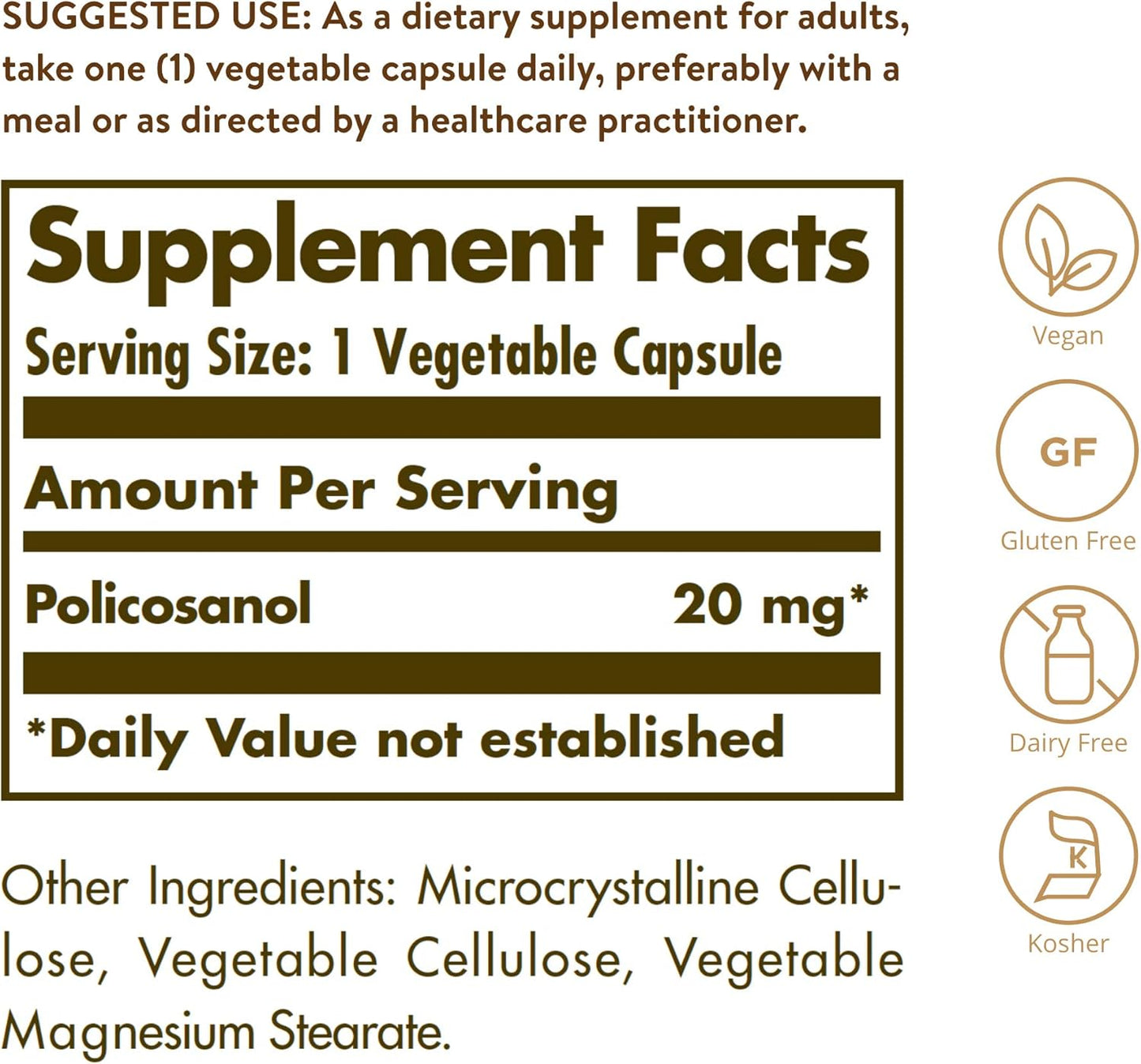Solgar Policosanol 20 mg Capsules for Heart Health - Vegan, Gluten Free, Dairy Free, Kosher - 100 Servings