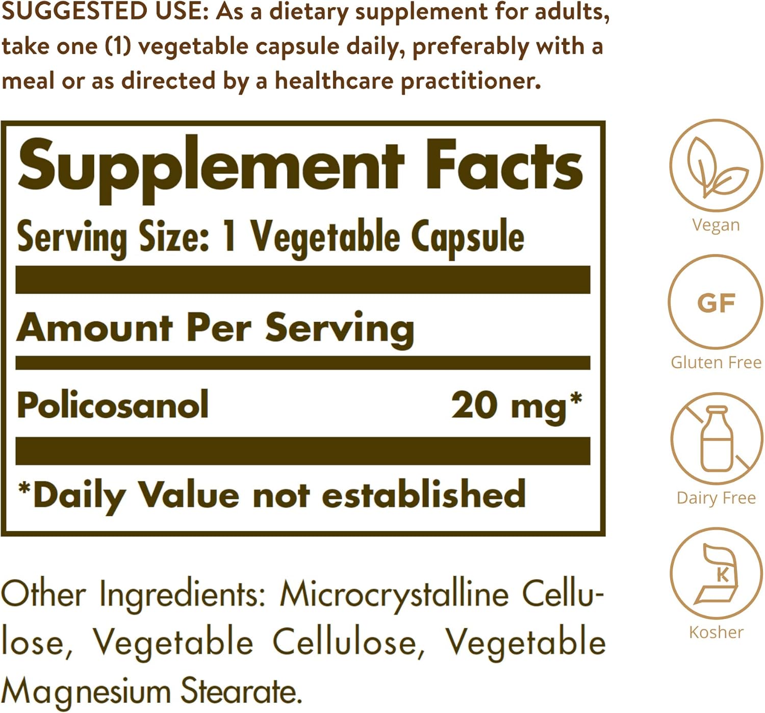 Solgar Policosanol 20 mg Capsules for Heart Health - Vegan, Gluten Free, Dairy Free, Kosher - 100 Servings