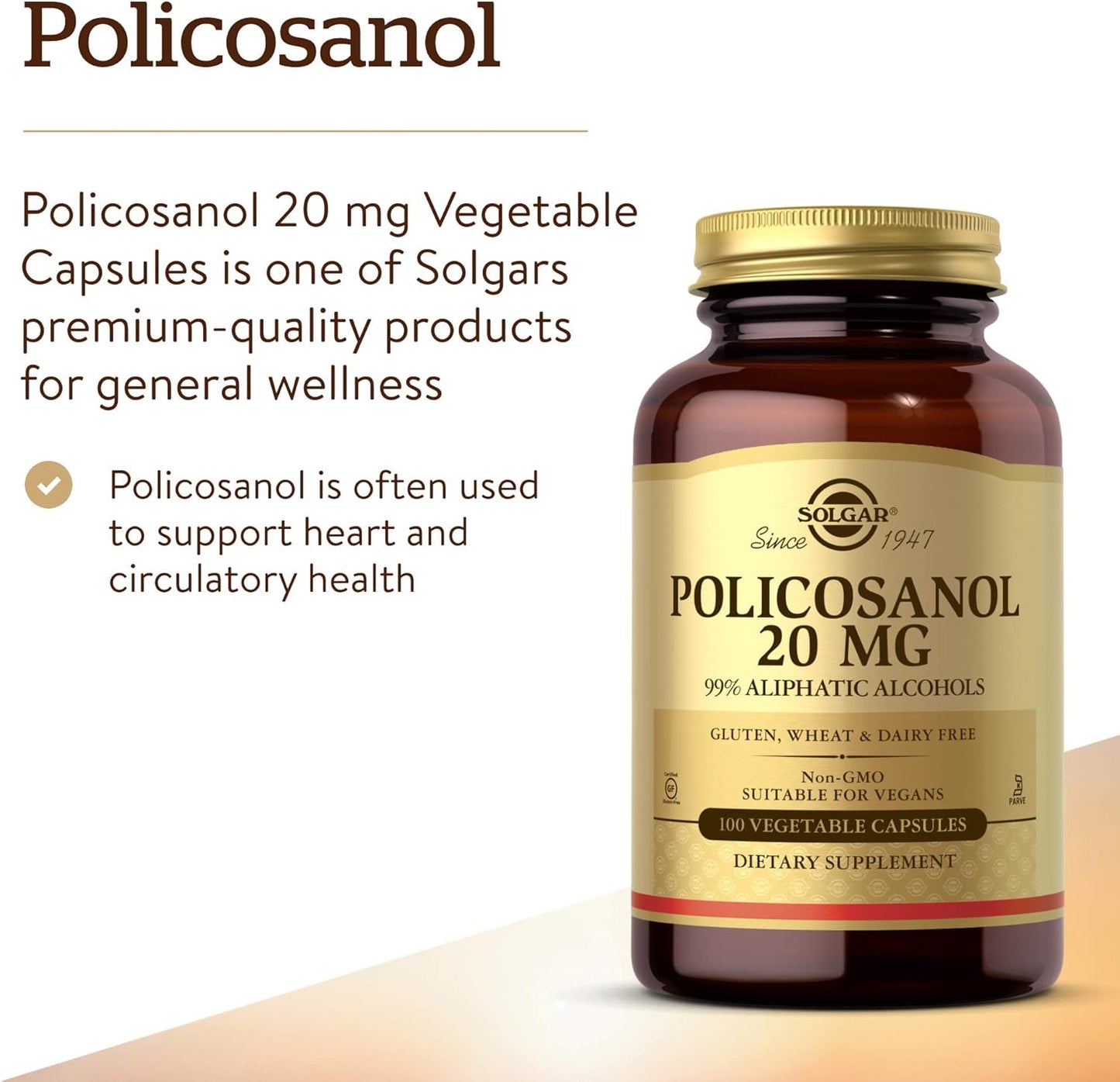 Solgar Policosanol 20 mg Capsules for Heart Health - Vegan, Gluten Free, Dairy Free, Kosher - 100 Servings
