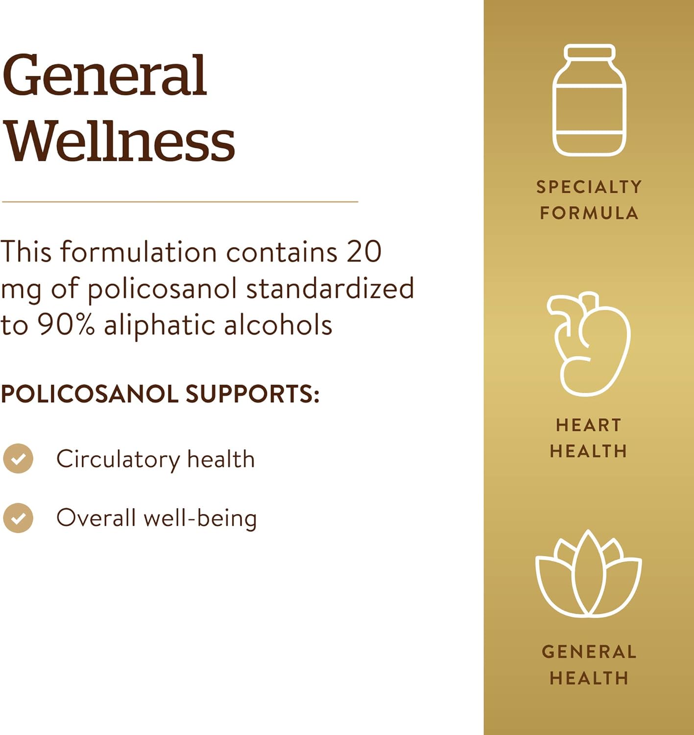 Solgar Policosanol 20 mg Capsules for Heart Health - Vegan, Gluten Free, Dairy Free, Kosher - 100 Servings