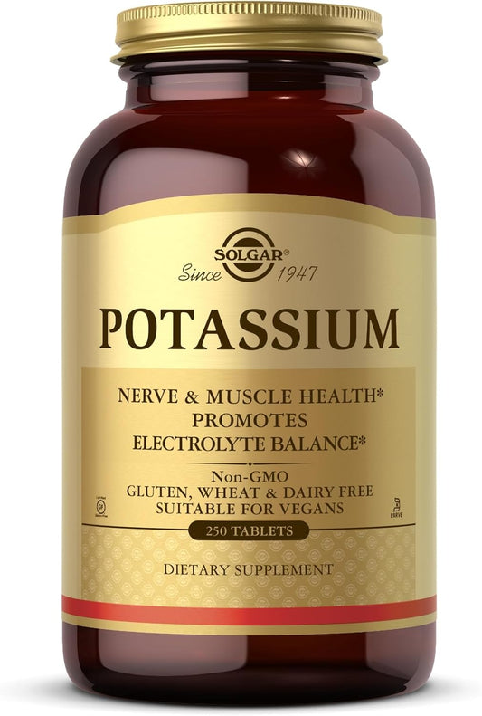 Solgar Potassium 250 Tablets for Nerve & Muscle Health - Vegan, Gluten & Dairy Free - Promotes Electrolyte Balance - Kosher - 250 Servings