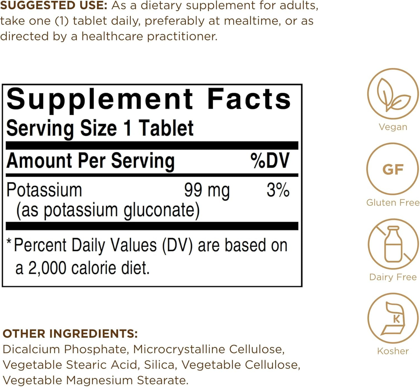 Solgar Potassium 250 Tablets for Nerve & Muscle Health - Vegan, Gluten & Dairy Free - Promotes Electrolyte Balance - Kosher - 250 Servings