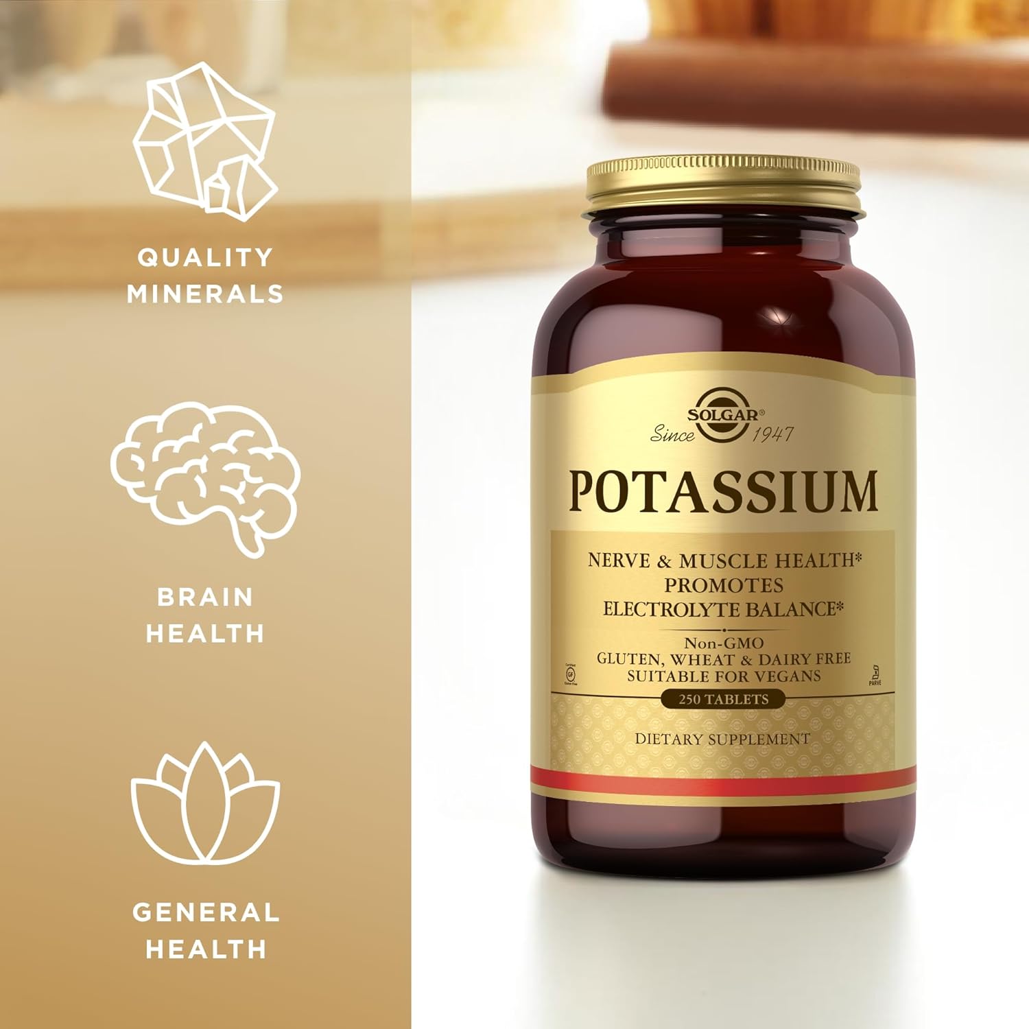 Solgar Potassium 250 Tablets for Nerve & Muscle Health - Vegan, Gluten & Dairy Free - Promotes Electrolyte Balance - Kosher - 250 Servings