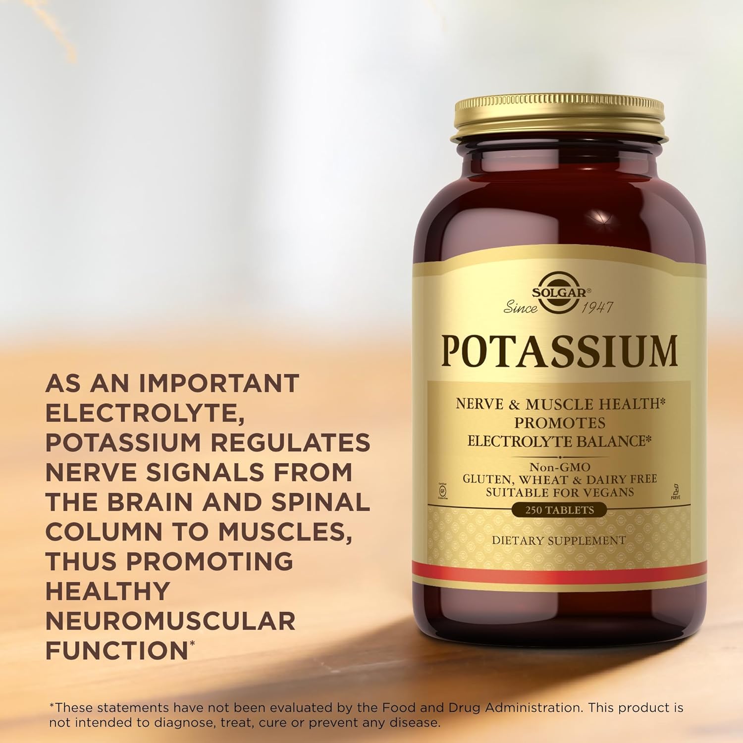 Solgar Potassium 250 Tablets for Nerve & Muscle Health - Vegan, Gluten & Dairy Free - Promotes Electrolyte Balance - Kosher - 250 Servings