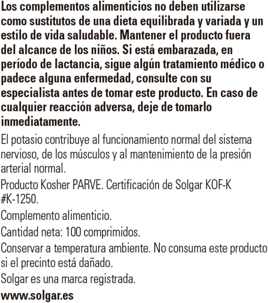 Solgar Potassium Tablets - 100 Count - Supports Nerve and Muscle Health, Electrolyte Balance - Vegan, Gluten/Dairy Free - 100 Servings