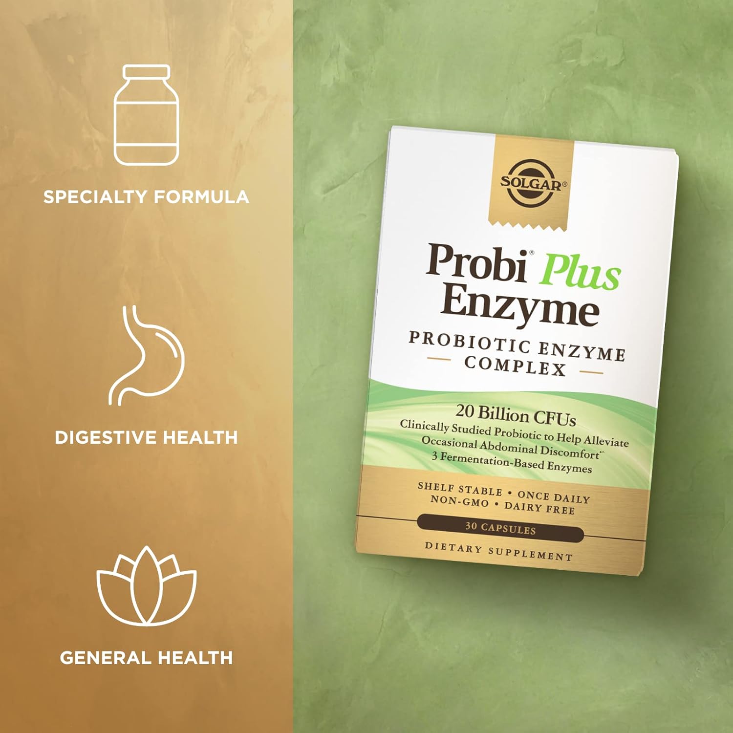 Solgar Probi Plus Enzyme Complex - 30 Capsules, 20 Billion CFU Probiotic & Enzymes - Daily Supplement for Gas & Bloating Relief - Non-GMO & Dairy Free, 30 Servings