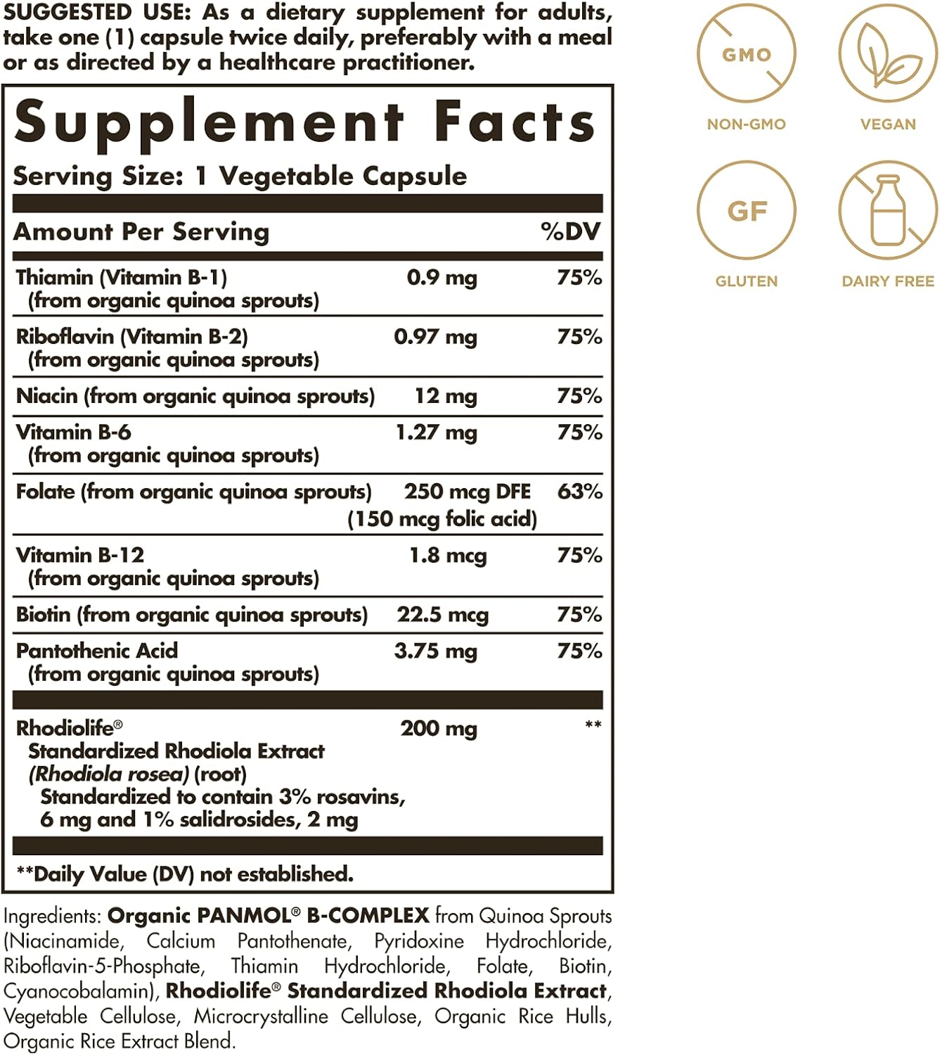 Solgar Stress Support Capsules with Rhodiola & B-Complex for Mental Fatigue - 60 Servings, Non-GMO