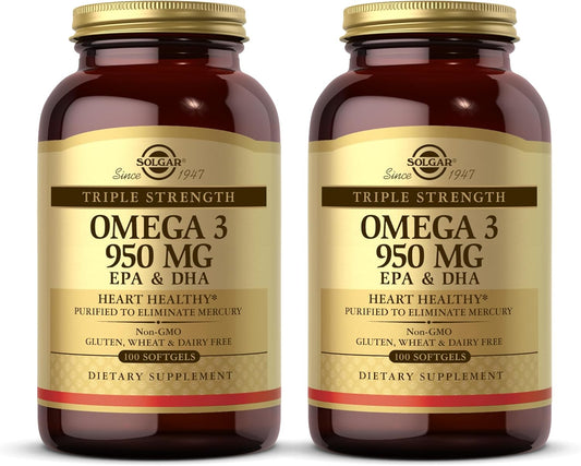 Solgar Triple Strength Omega 3 950 mg Softgels - Pack of 2 for Joint & Skin Health - Non-GMO, Gluten Free, Dairy Free - 200 Servings