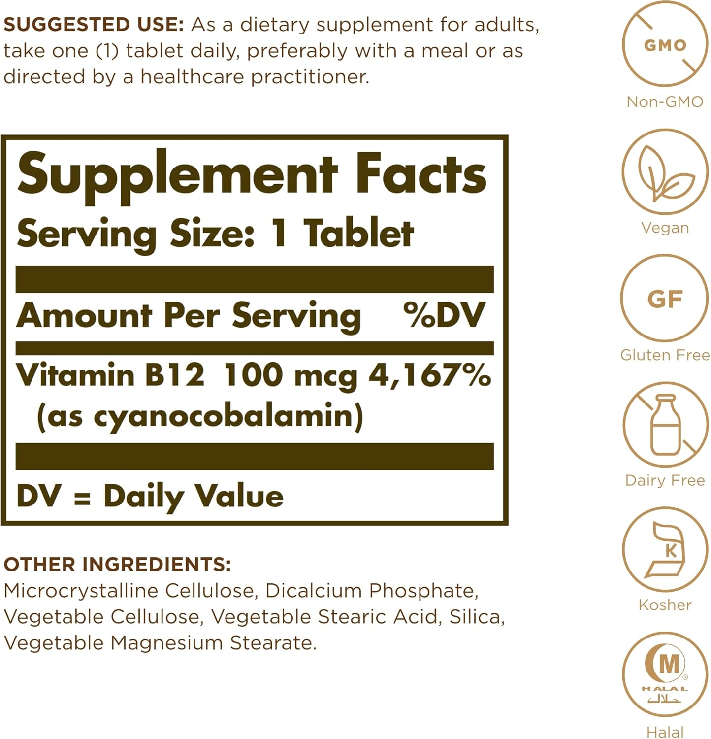 SOLGAR Vitamin B12 100 mcg Tablets - Supports Energy Metabolism & Nervous System - Non-GMO, Vegan, Gluten-Free - 100 Servings