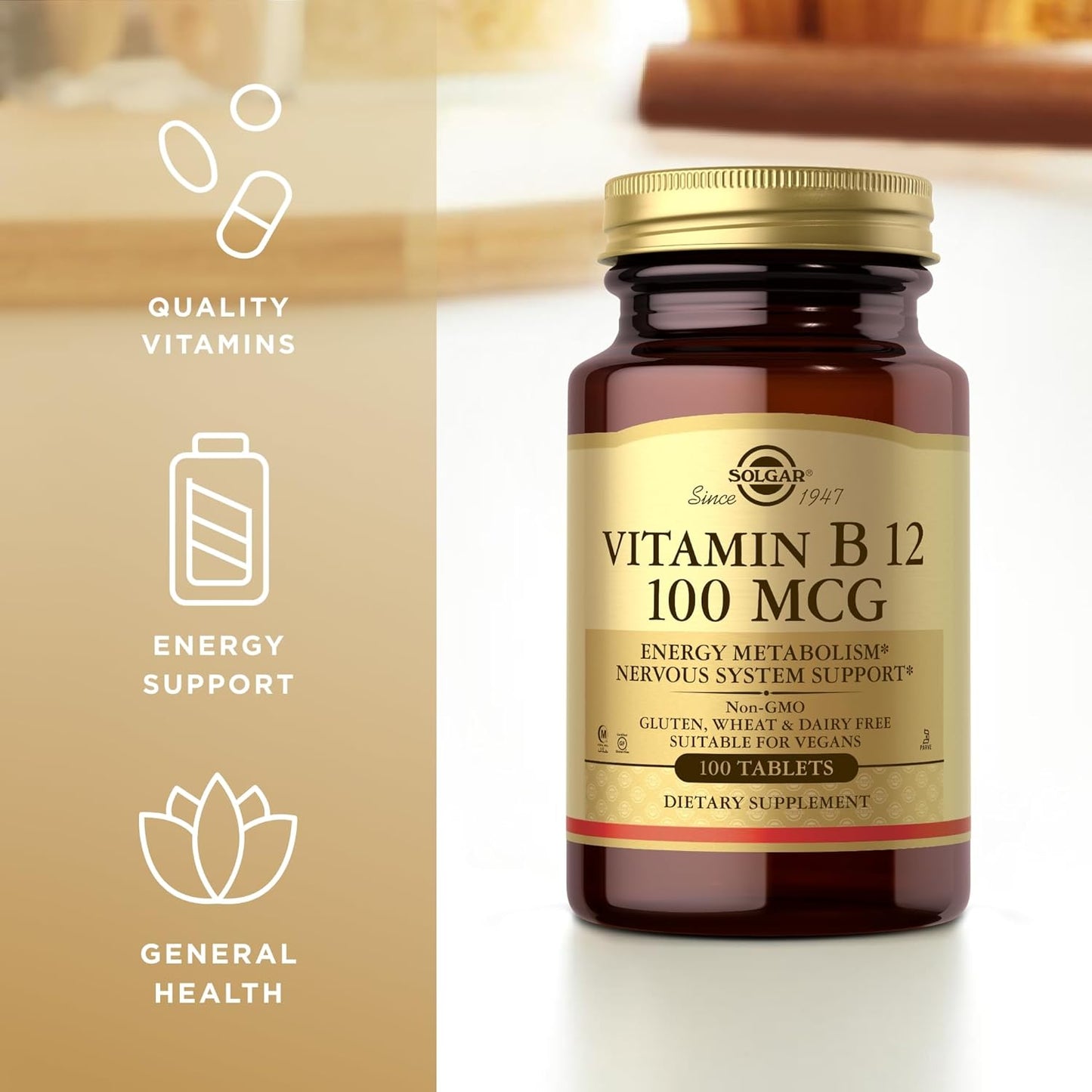 SOLGAR Vitamin B12 100 mcg Tablets - Supports Energy Metabolism & Nervous System - Non-GMO, Vegan, Gluten-Free - 100 Servings