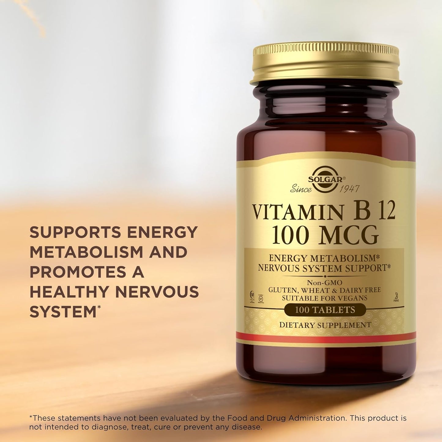 SOLGAR Vitamin B12 100 mcg Tablets - Supports Energy Metabolism & Nervous System - Non-GMO, Vegan, Gluten-Free - 100 Servings