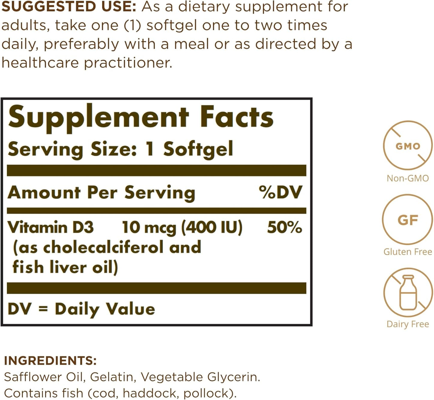 Solgar Vitamin D3 Softgels 10 MCG (400 IU) - Supports Bone Health, Immune System - Non-GMO, Gluten-Free, Dairy-Free - 250 Servings