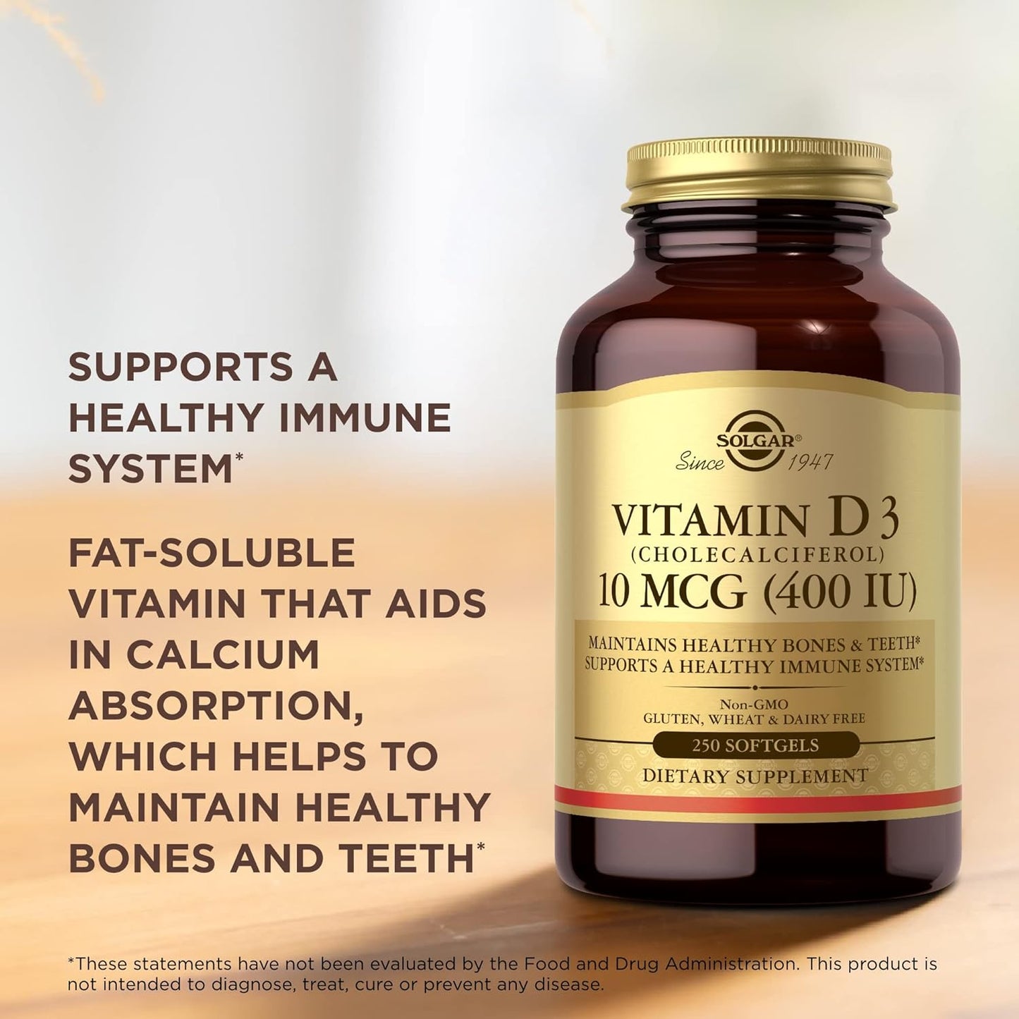 Solgar Vitamin D3 Softgels 10 MCG (400 IU) - Supports Bone Health, Immune System - Non-GMO, Gluten-Free, Dairy-Free - 250 Servings