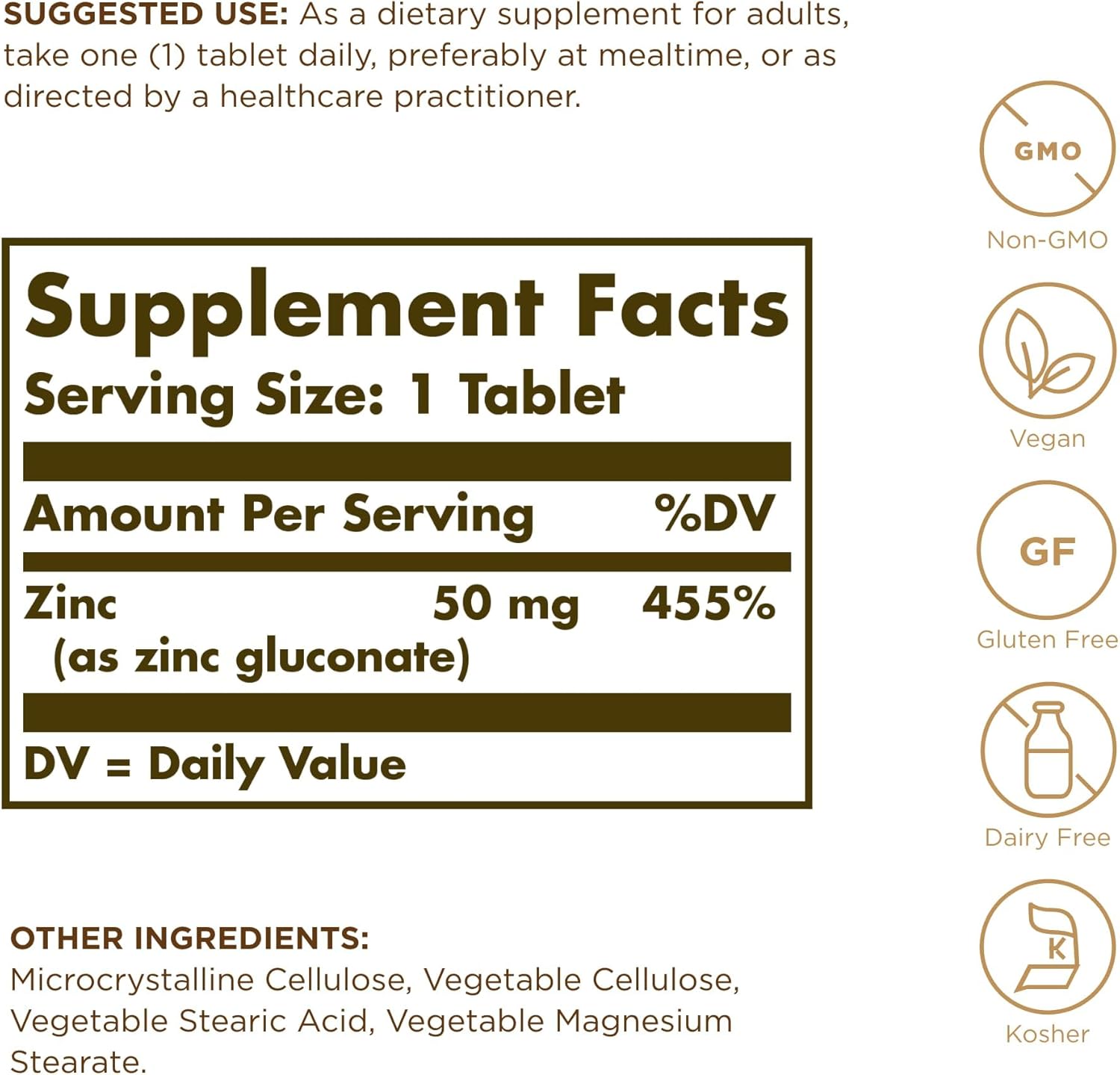 Solgar Zinc 50 Mg Tablets - High Potency Immune Support Supplement