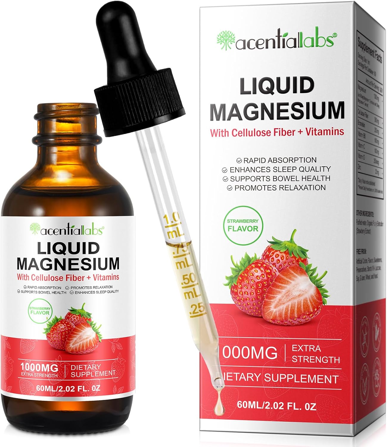 Soliasawra Liquid Magnesium Glycinate Drops - 1000MG with Vitamin B6, C, D, Zinc - Night & Energy Support - Strawberry Flavor - 2 Fl Oz