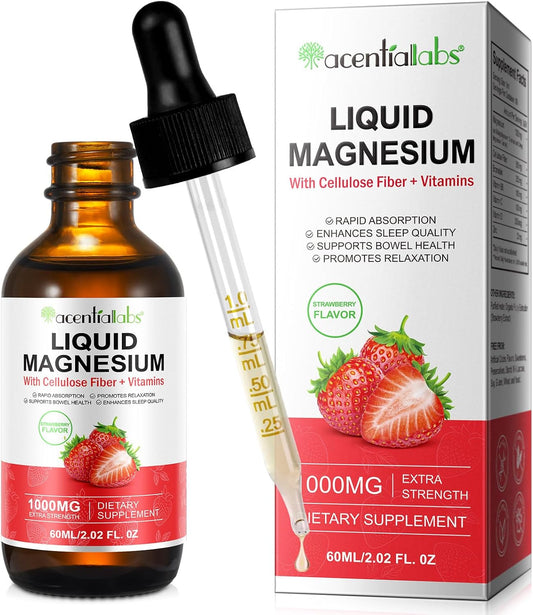 Soliasawra Liquid Magnesium Glycinate Drops - 1000MG with Vitamin B6, C, D, Zinc - Night & Energy Support - Strawberry Flavor - 2 Fl Oz