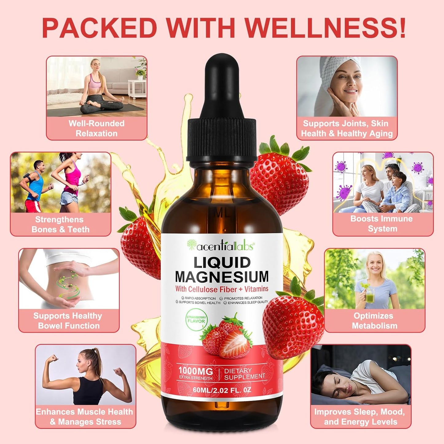 Soliasawra Liquid Magnesium Glycinate Drops - 1000MG with Vitamin B6, C, D, Zinc - Night & Energy Support - Strawberry Flavor - 2 Fl Oz