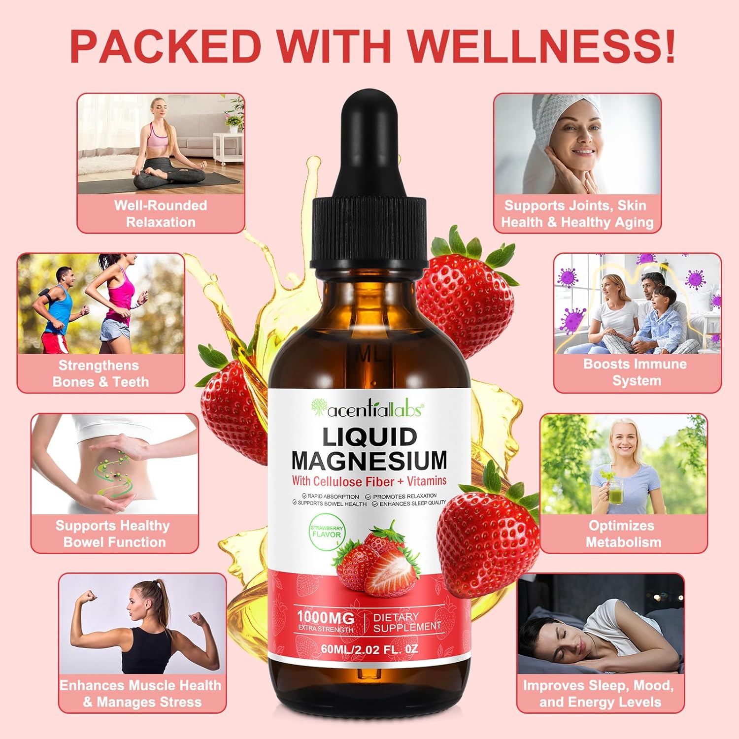 Soliasawra Liquid Magnesium Glycinate Drops - 1000MG with Vitamin B6, C, D, Zinc - Night & Energy Support - Strawberry Flavor - 2 Fl Oz