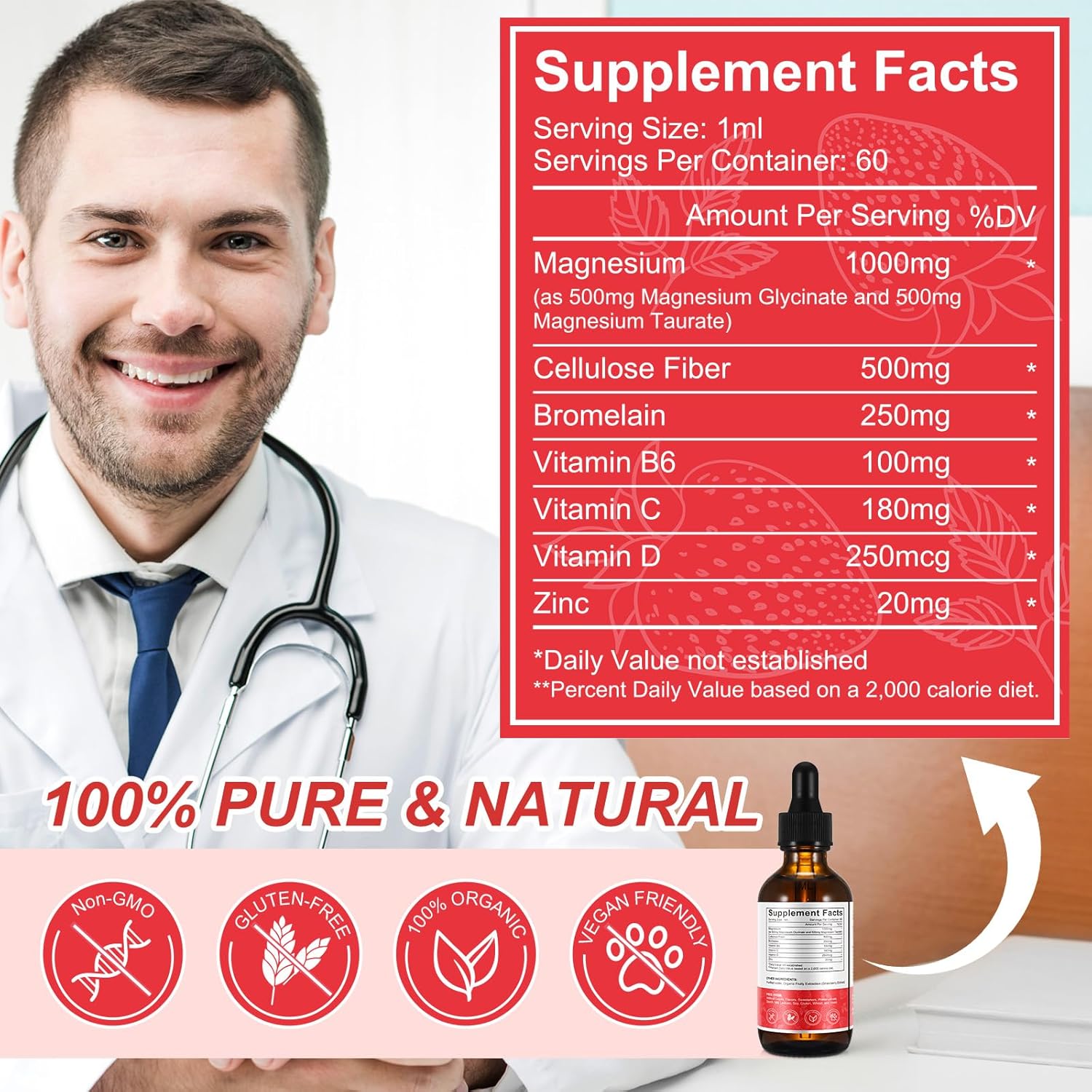 Soliasawra Liquid Magnesium Glycinate Drops - 1000MG with Vitamin B6, C, D, Zinc - Night & Energy Support - Strawberry Flavor - 2 Fl Oz