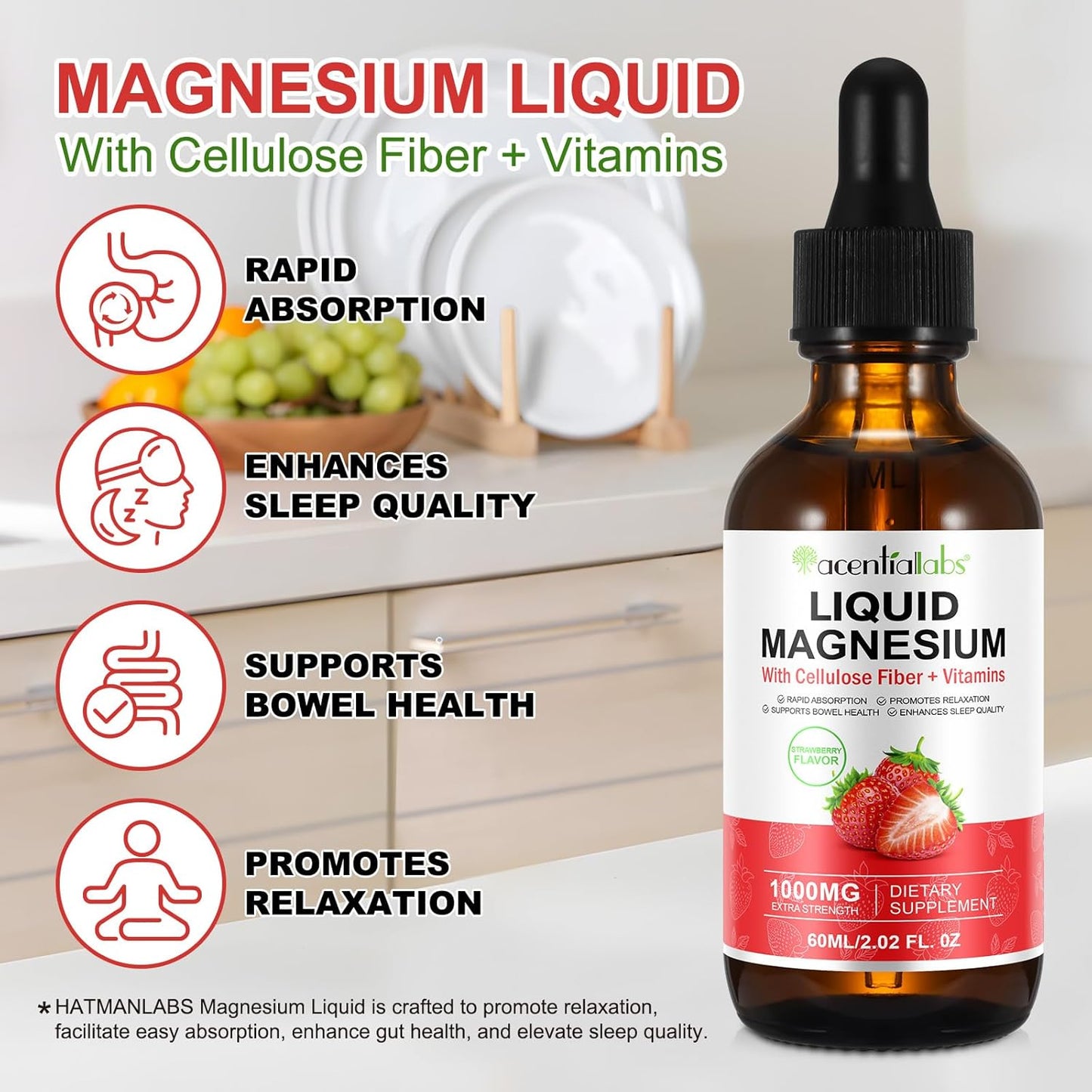 Soliasawra Liquid Magnesium Glycinate Drops - 1000MG with Vitamin B6, C, D, Zinc - Night & Energy Support - Strawberry Flavor - 2 Fl Oz